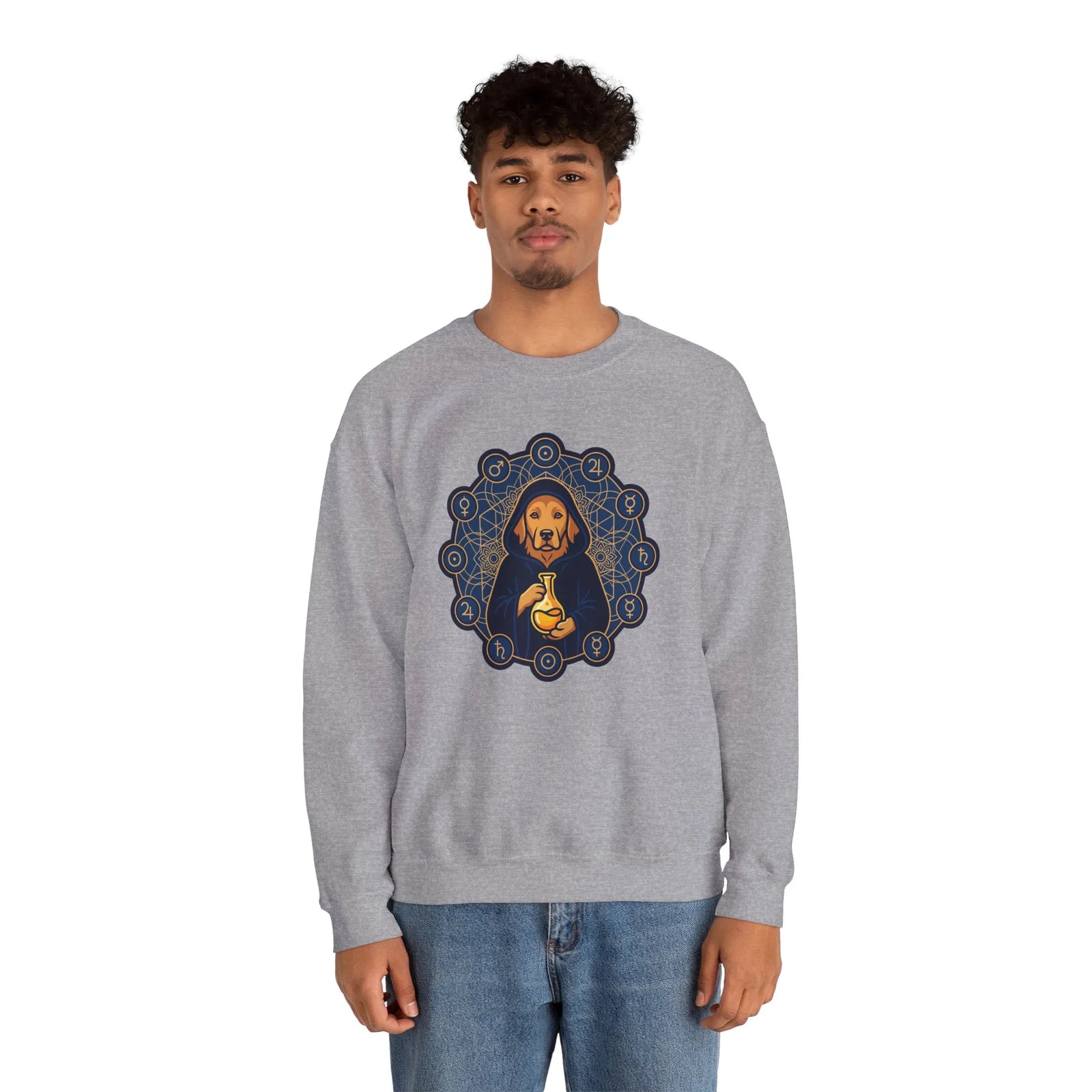 Alchemist Dog Sacred Geometry Spirit Sweatshirt - Heavy Blend Fleece Crewneck - Unisex Ash
