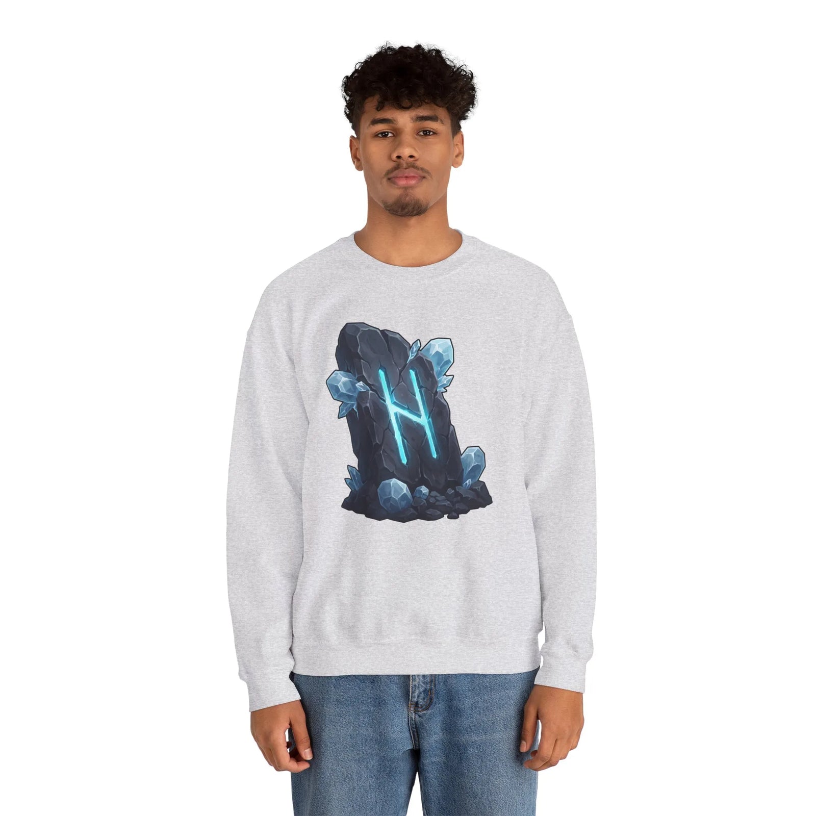 Hagalaz Rune Stone Graphic Sweatshirt - Heavy Blend Fleece Crewneck - Unisex White