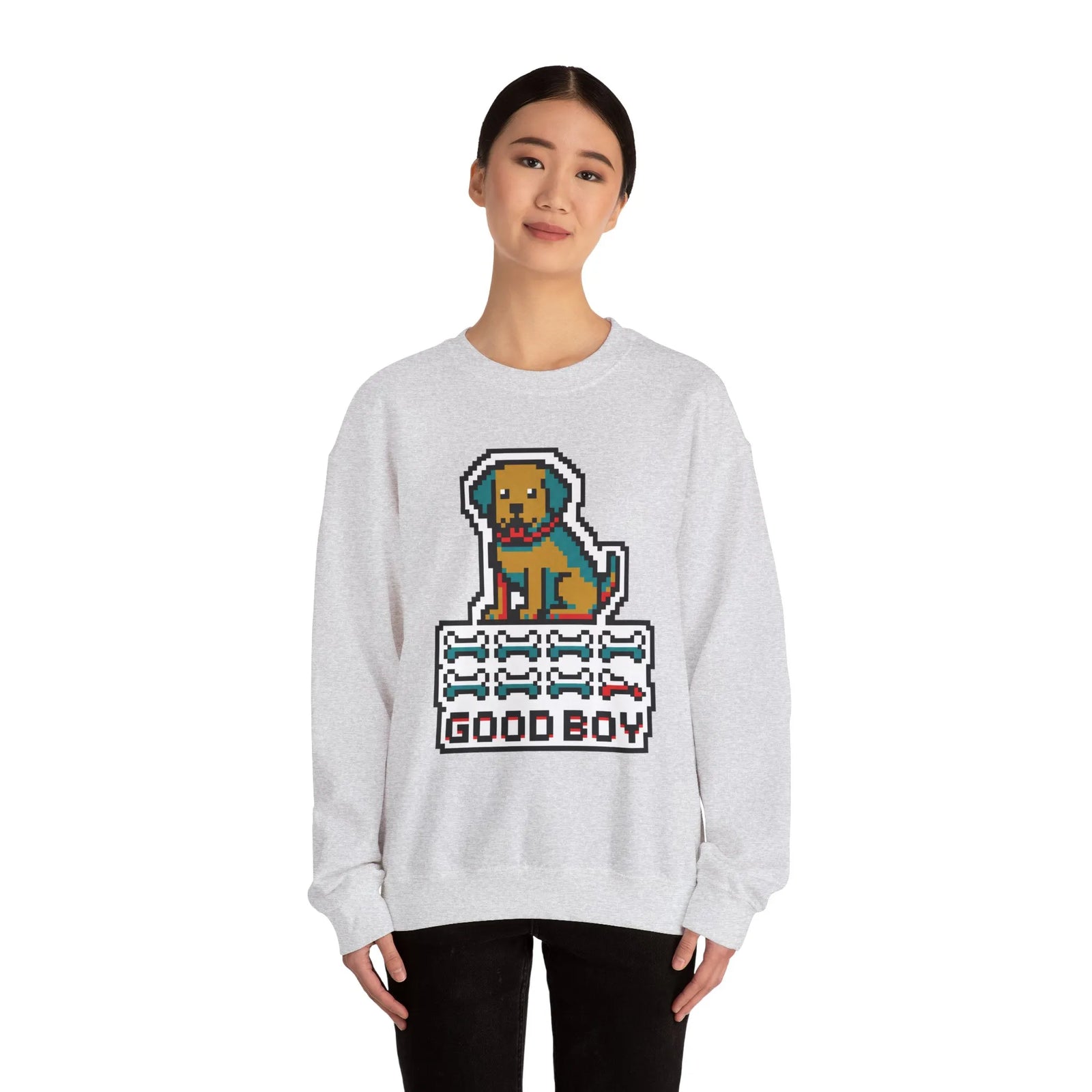 Good Boy 8-Bit Pixel Dogs Sweatshirt - Heavyweight Cotton Blend Crewneck - Unisex White