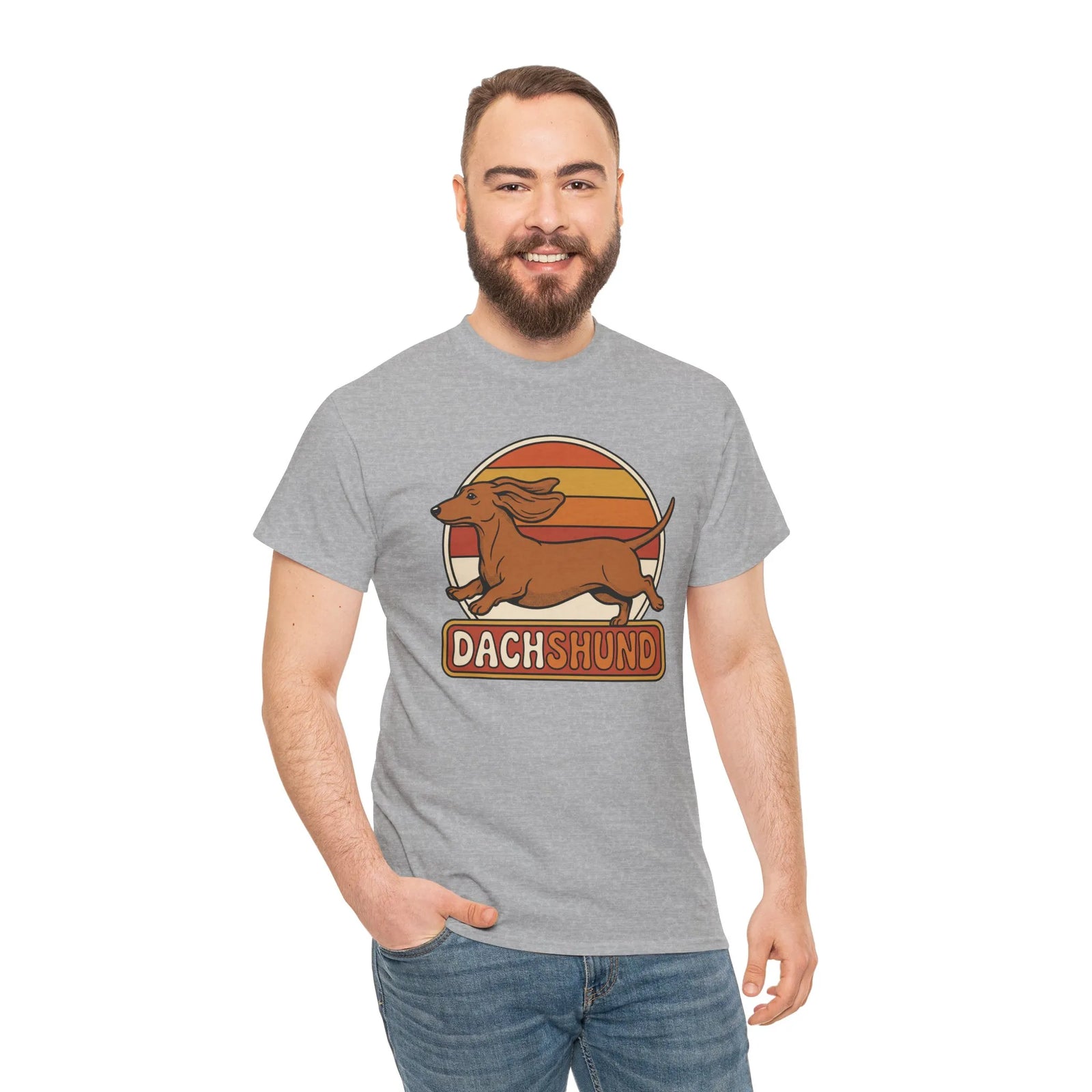Dachshund Retro 70s Sunset Graphic T-Shirt - Heavy Cotton Classic Fit Tee - Unisex White