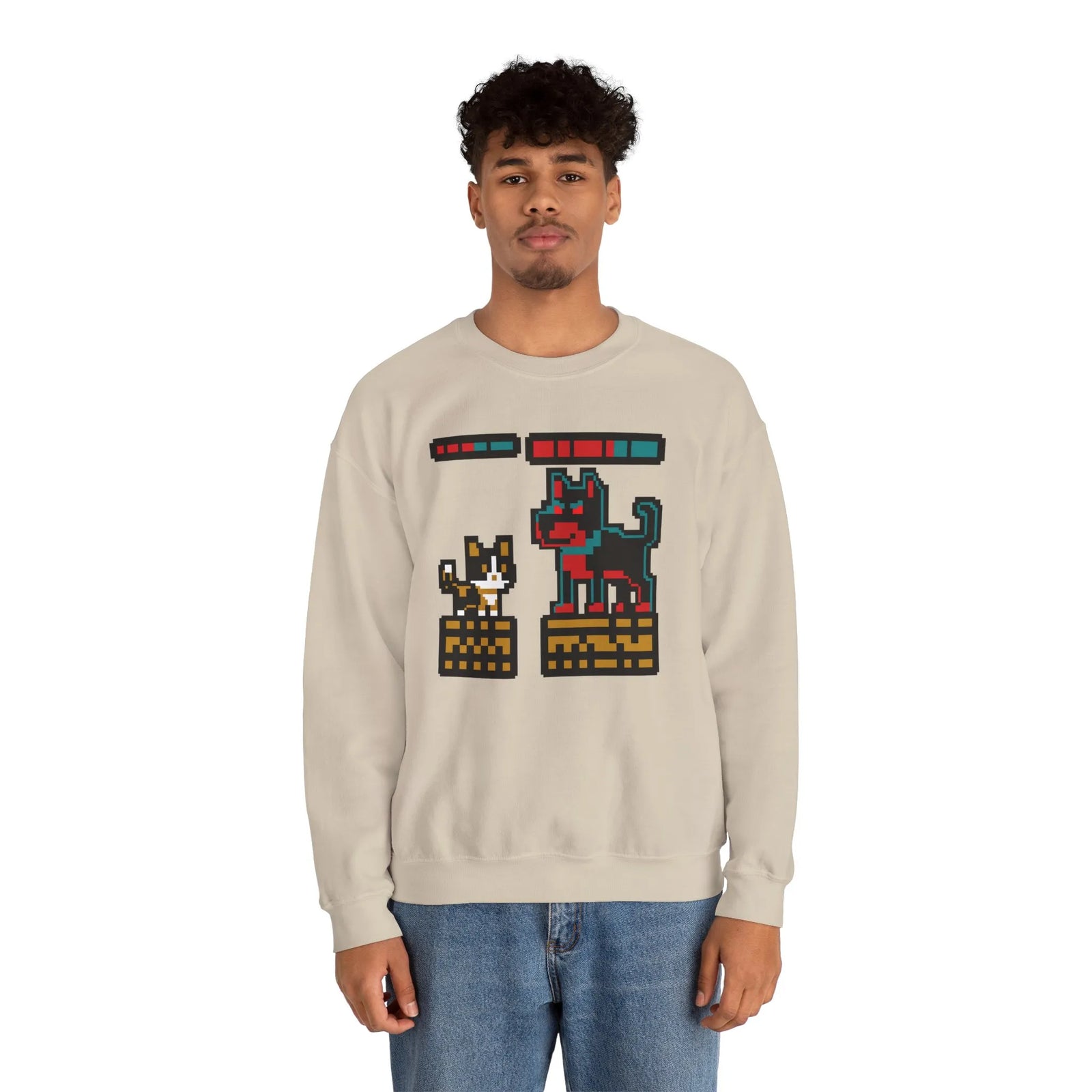8-Bit Pixel Gaming Cats Boss Fight Sweatshirt - Heavyweight Cotton Blend Crewneck - Unisex Ash