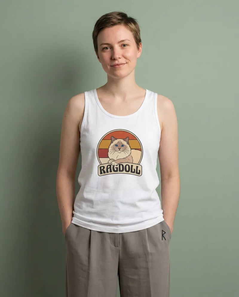 Ragdoll Cat Retro Sunset Tank Top - Soft Airlume Cotton Jersey - Unisex White