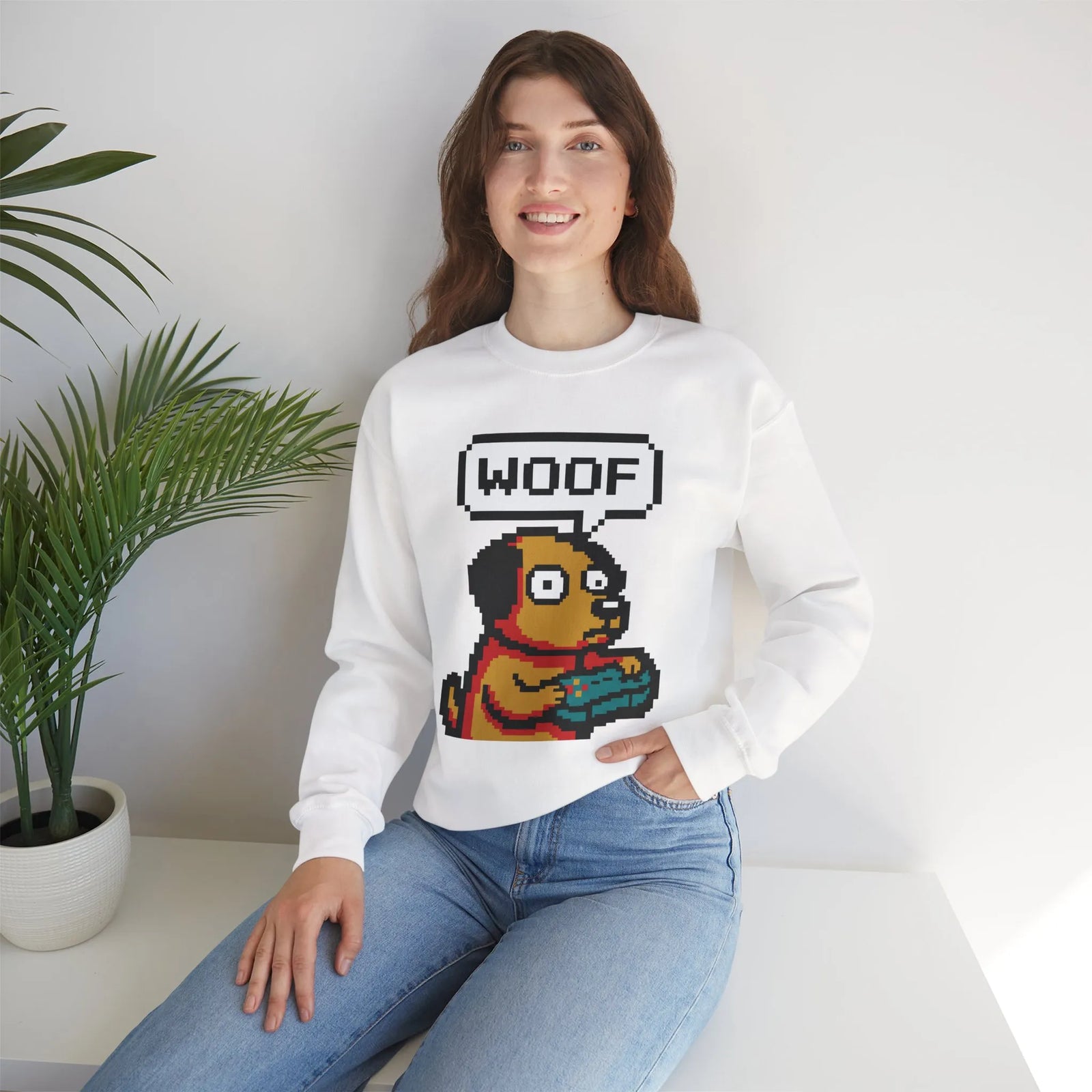 8-Bit Pixel Gaming Dogs Sweatshirt - Heavy Blend Cotton-Poly Crewneck - Unisex White