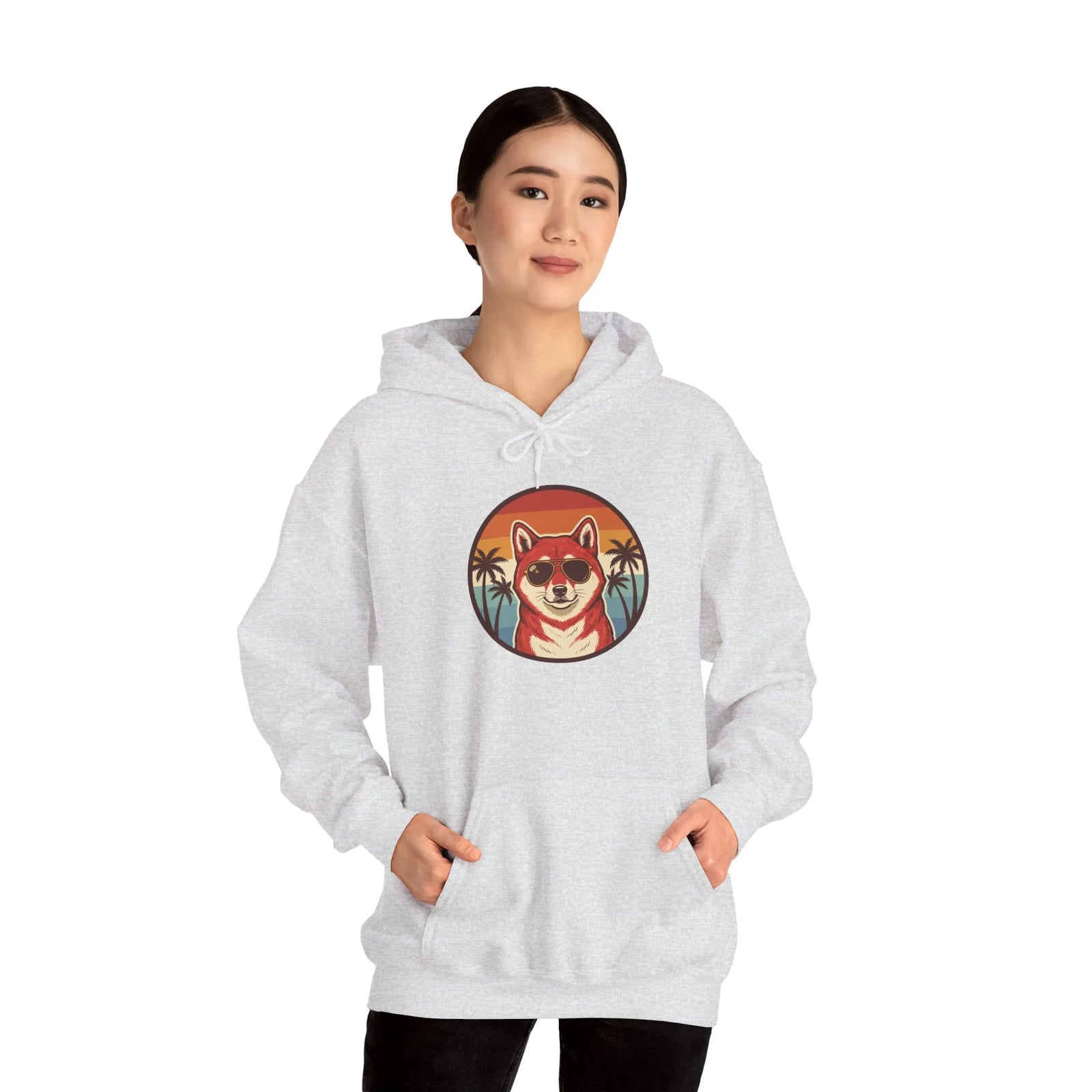 Shiba Inu 70s Sunset Aviator Hoodie - Cozy Fleece Blend Pullover - Unisex White