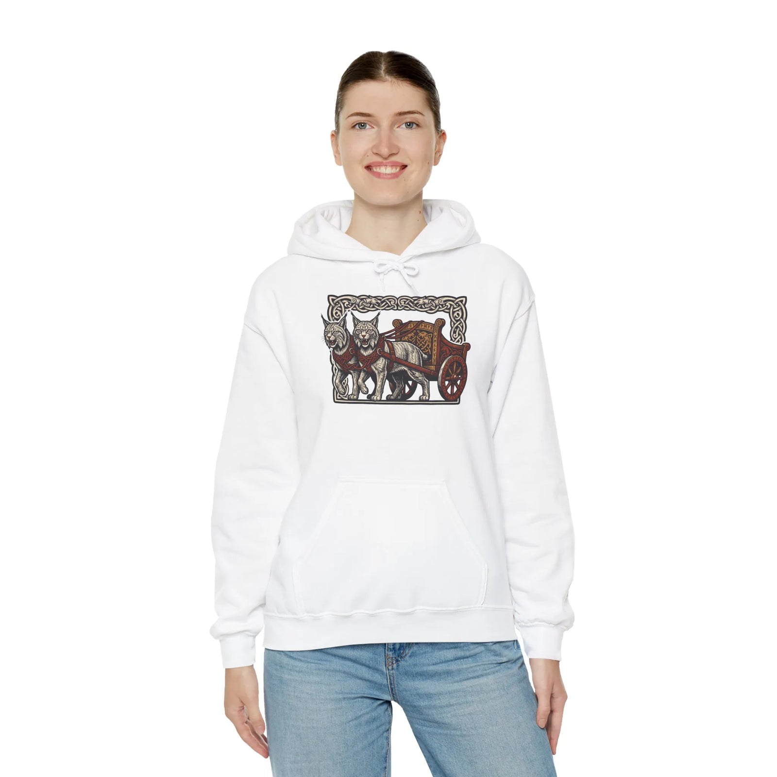 Freyja's Sacred Cats Chariot Graphic Hoodie - Cozy Fleece Pullover Hoodie - Unisex Off White