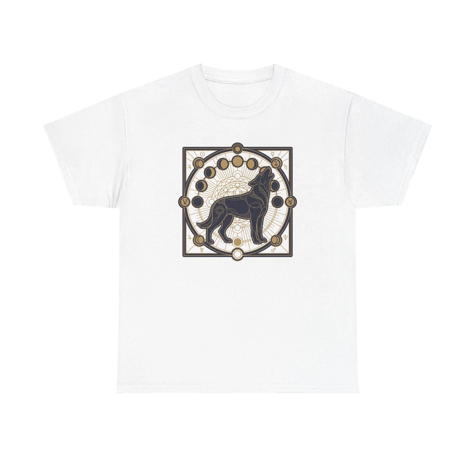 Sacred Geometry Spirit Dog Howl T-Shirt - Heavyweight Cotton Classic Fit Tee - Unisex White