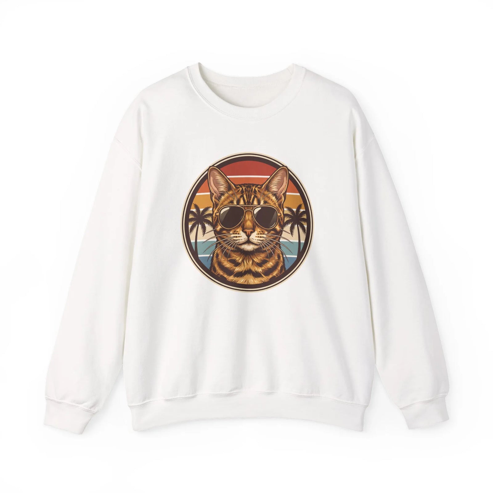 Bengal Cat Aviator Sunset Sweatshirt - Heavy Blend Fleece Crewneck - Unisex White