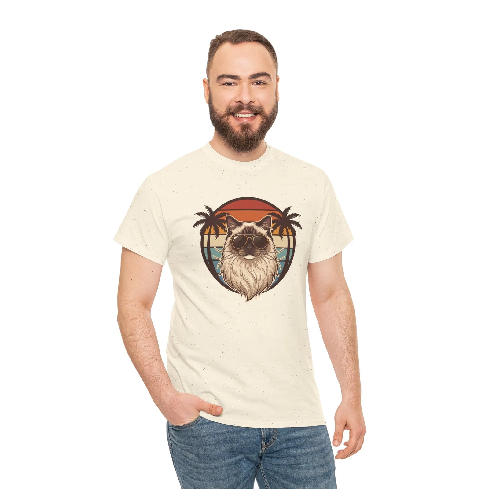 Ragdoll Cat 70s Sunset Aviators T-Shirt - Heavy Cotton Classic Fit Tee - Unisex White