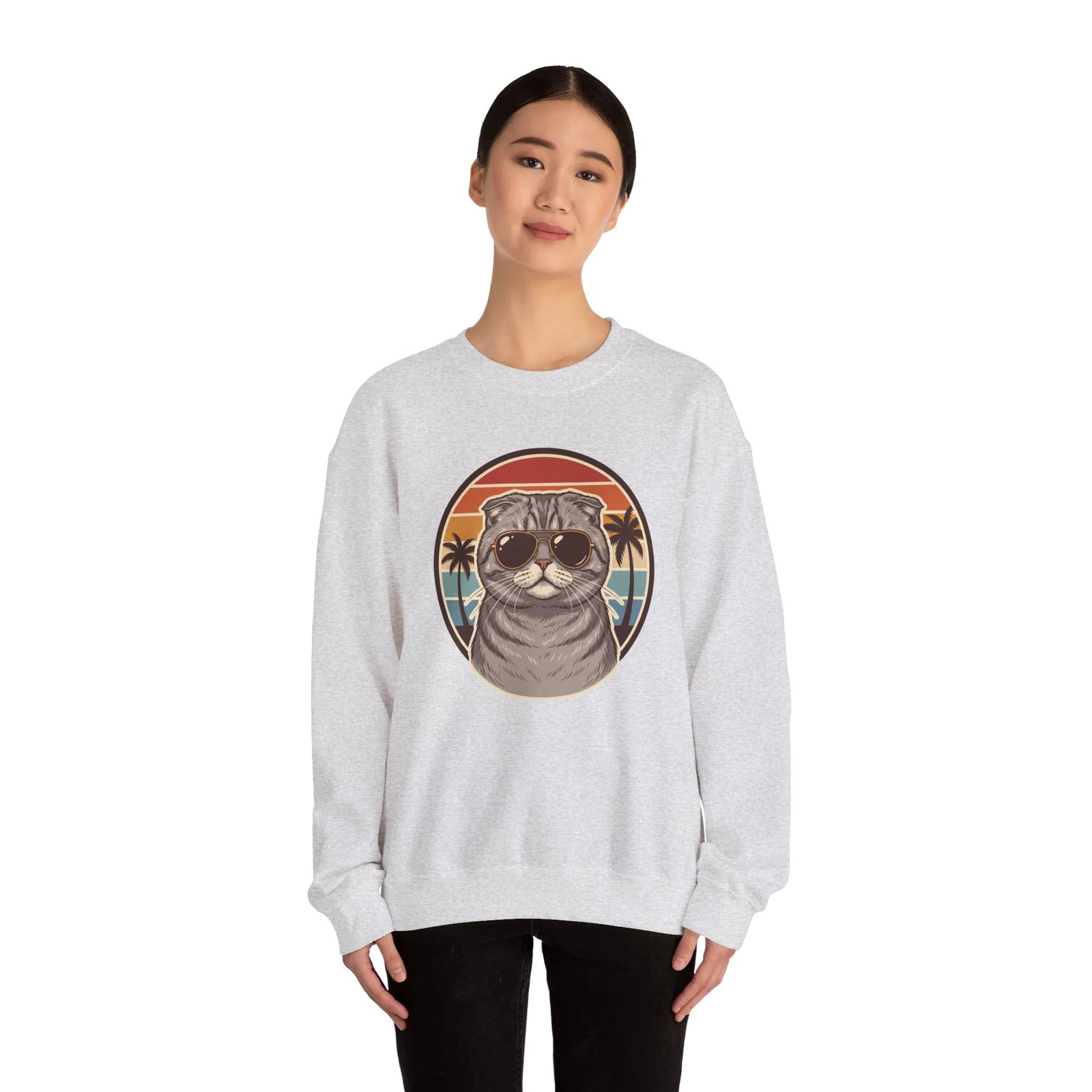 Scottish Fold Cat 70s Sunset Sweatshirt - Heavy Blend Fleece Crewneck - Unisex Ash