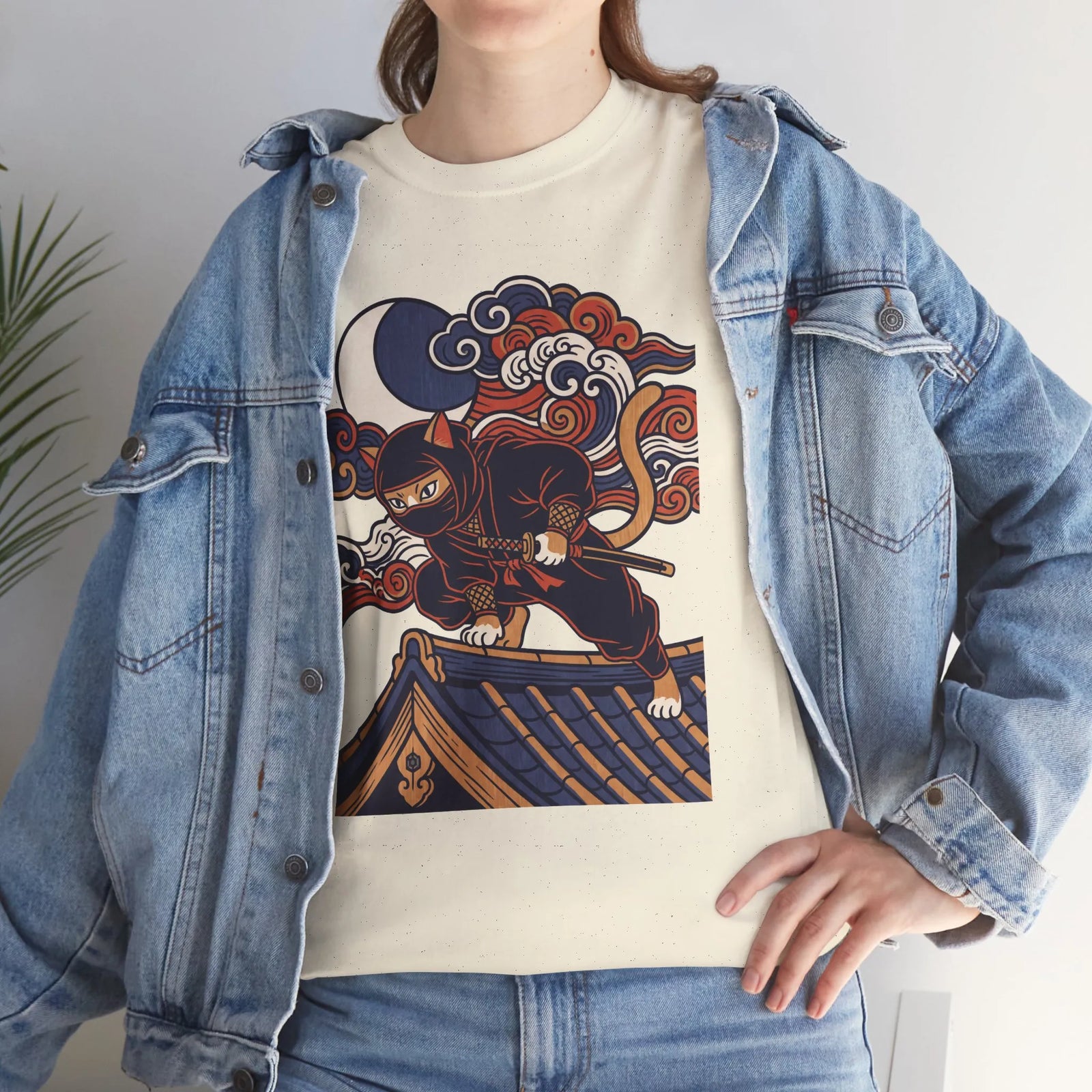 Ukiyo-e Samurai Cat Ninja T-Shirt - 100% Cotton Classic Fit Tee - Unisex White