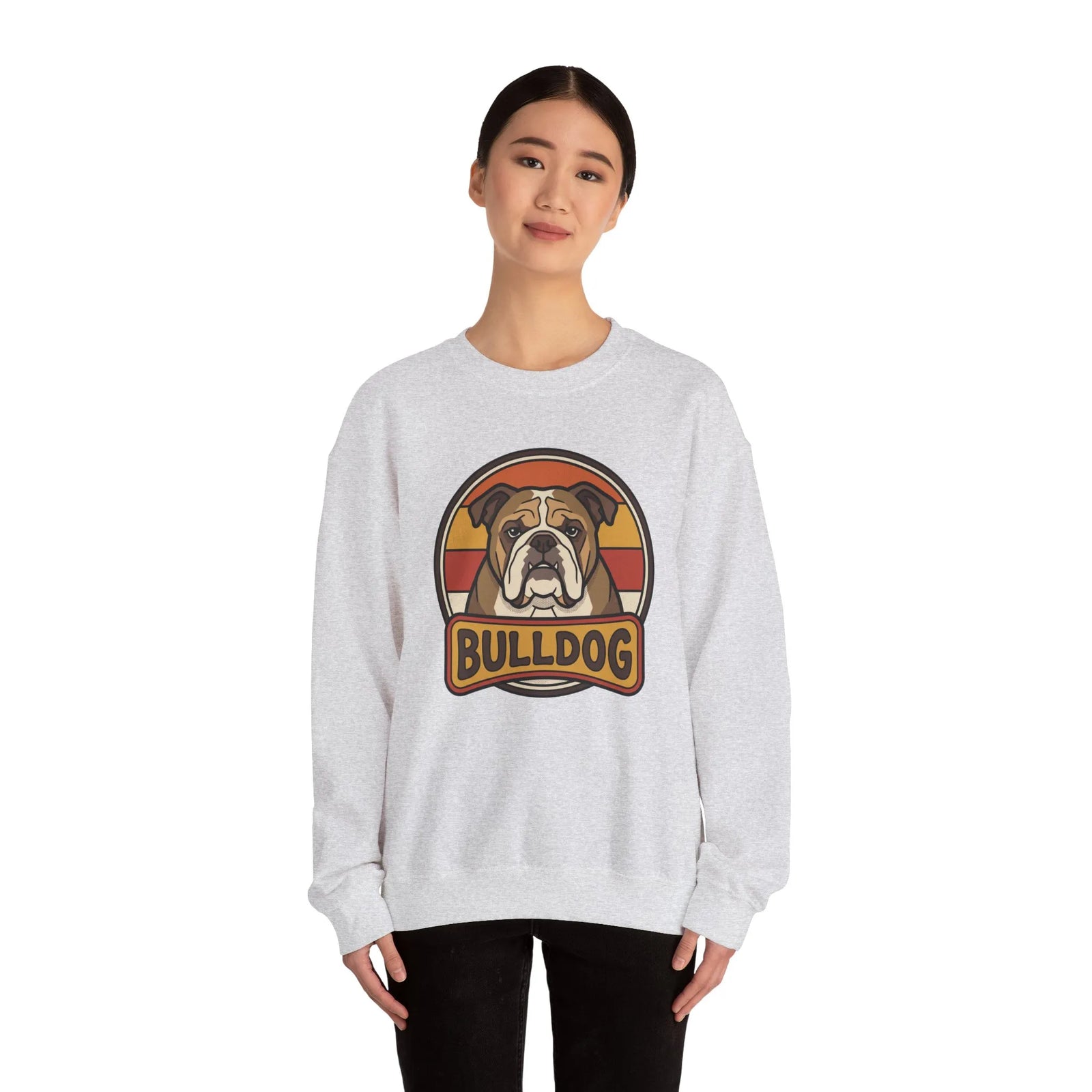 Retro 70s Sunset Bulldog Sweatshirt - Heavy Blend Cotton-Poly Crewneck - Unisex White