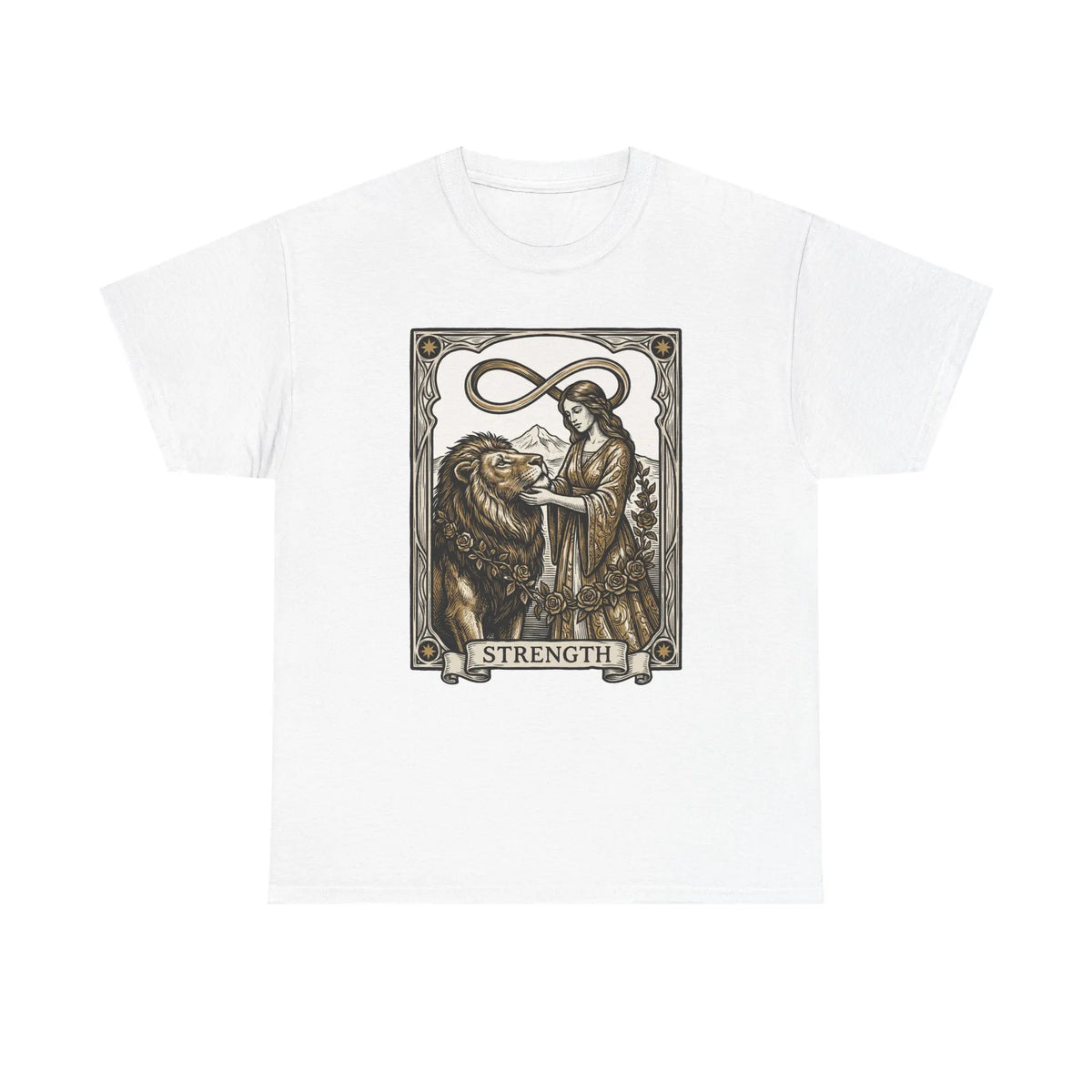Tarot Strength Card Graphic T-Shirt - Heavy Cotton Classic Fit Crewneck - Unisex White