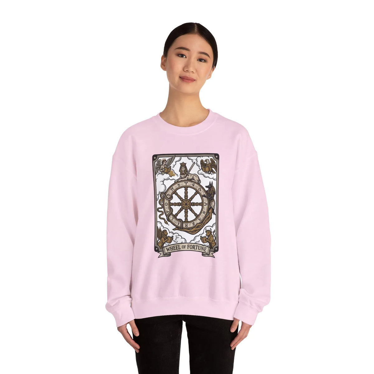Wheel of Fortune Tarot Card Sweatshirt - Heavy Blend Crewneck Fleece - Unisex White