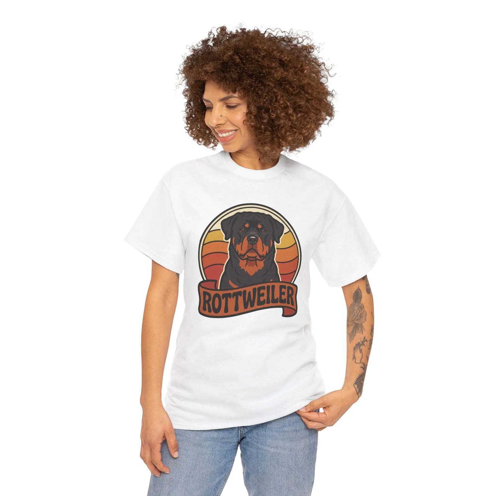 Retro 70s Sunset Rottweiler T-Shirt - Heavy Cotton Classic Fit Tee - Unisex Off White