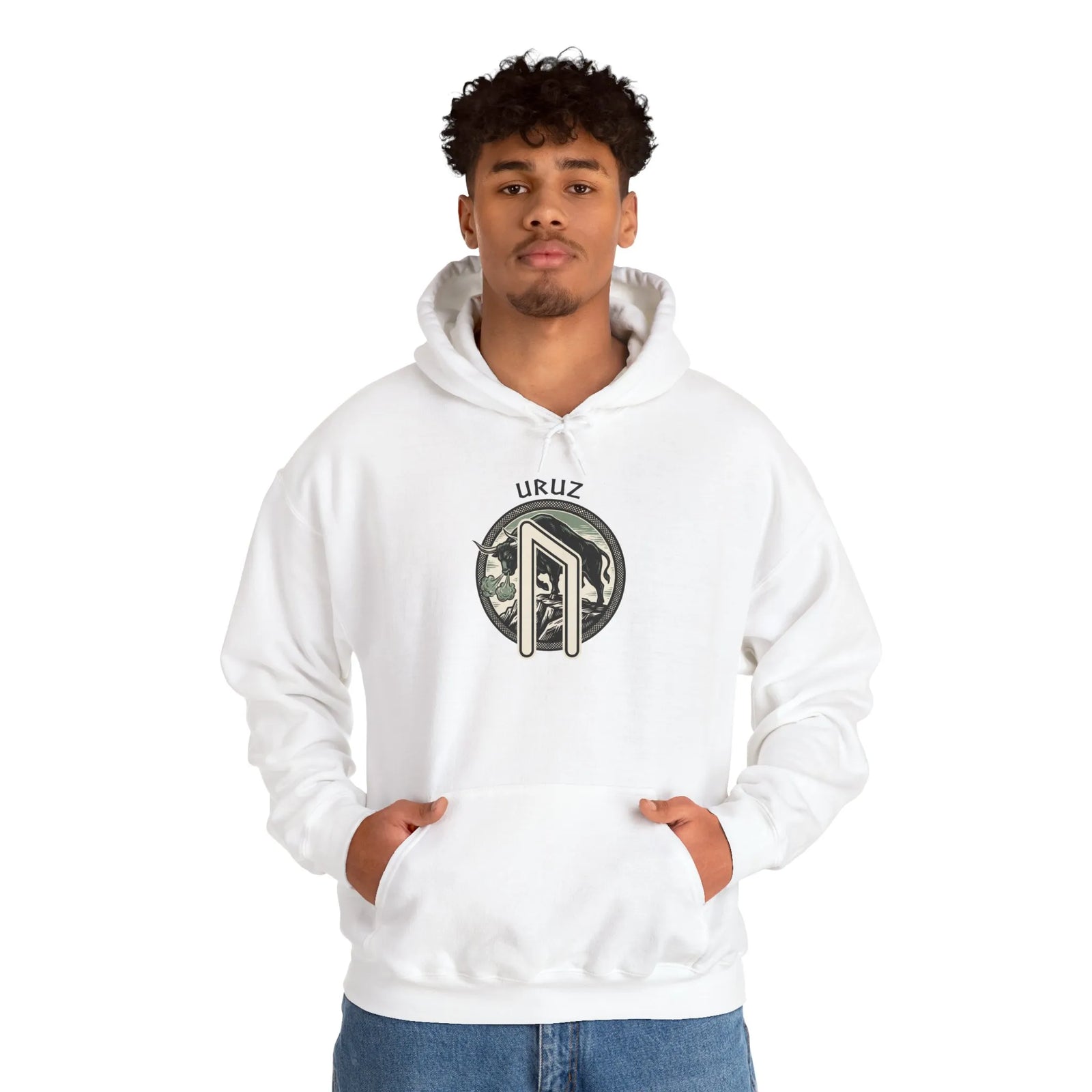 Uruz Rune Bull Norse Graphic Hoodie - Soft Cotton Blend Classic Fit Pullover - Unisex White