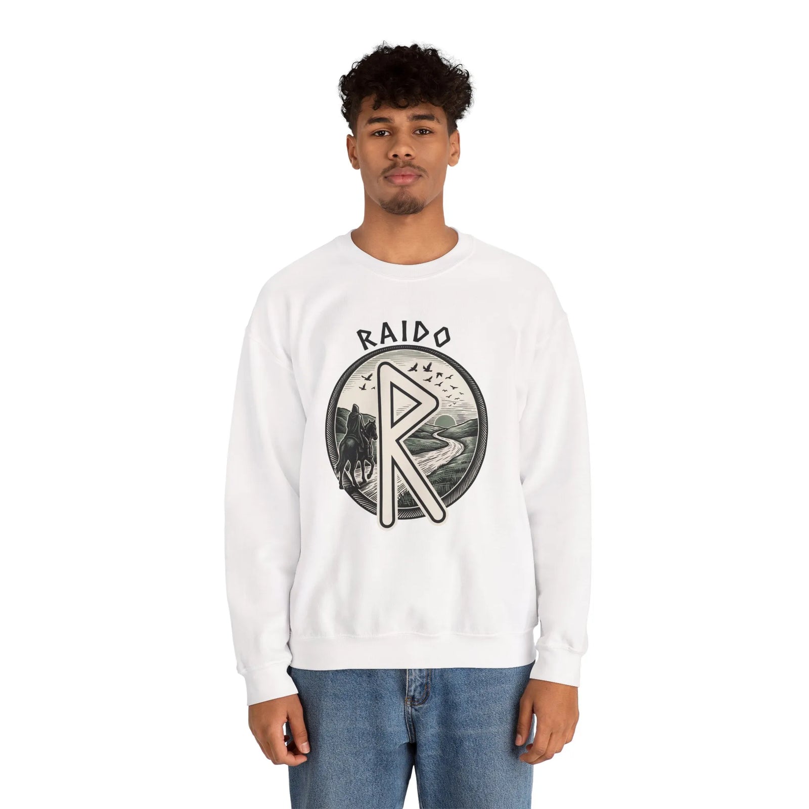Raido Rune Journey Sweatshirt - Heavy Blend Classic Fit Crewneck - Unisex White