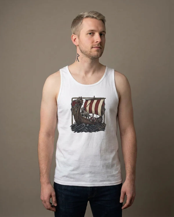 Viking Longship Prow Berserker Dogs Tank Top - Lightweight Airlume Cotton Retail Fit - Unisex White