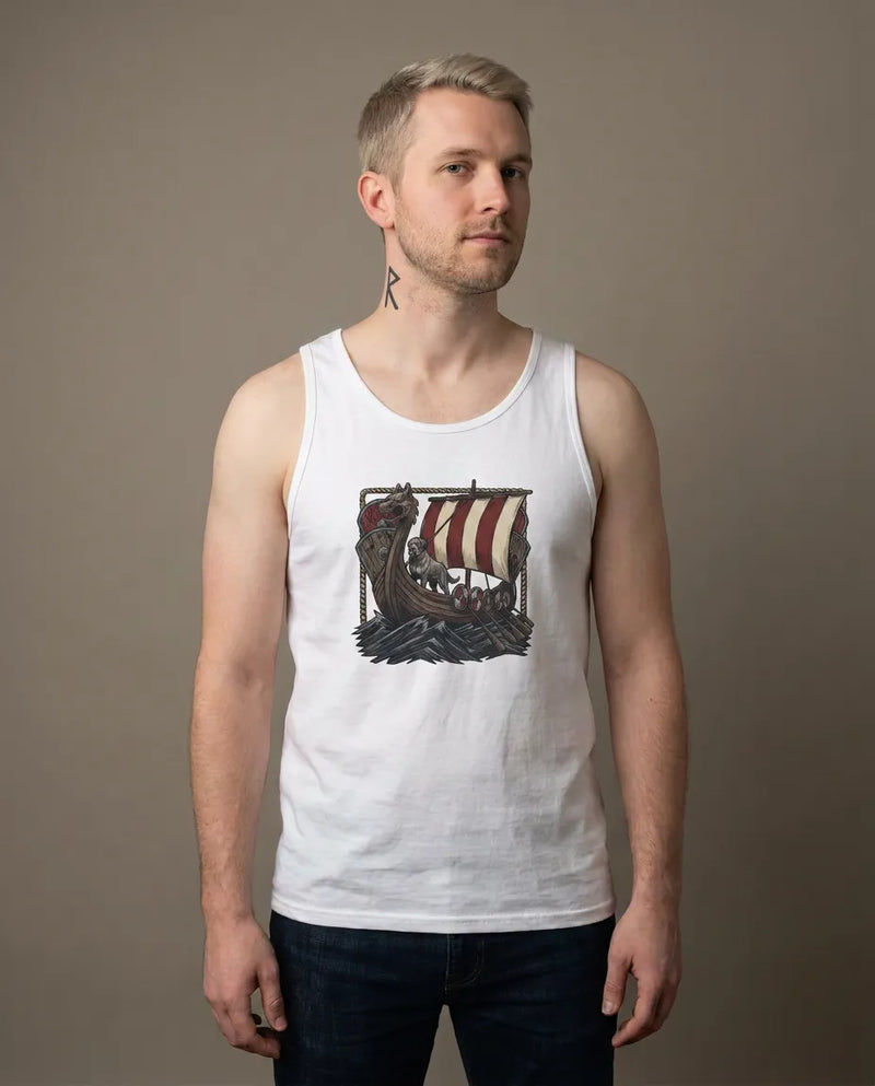 Viking Longship Prow Berserker Dogs Tank Top - Lightweight Airlume Cotton Retail Fit - Unisex White