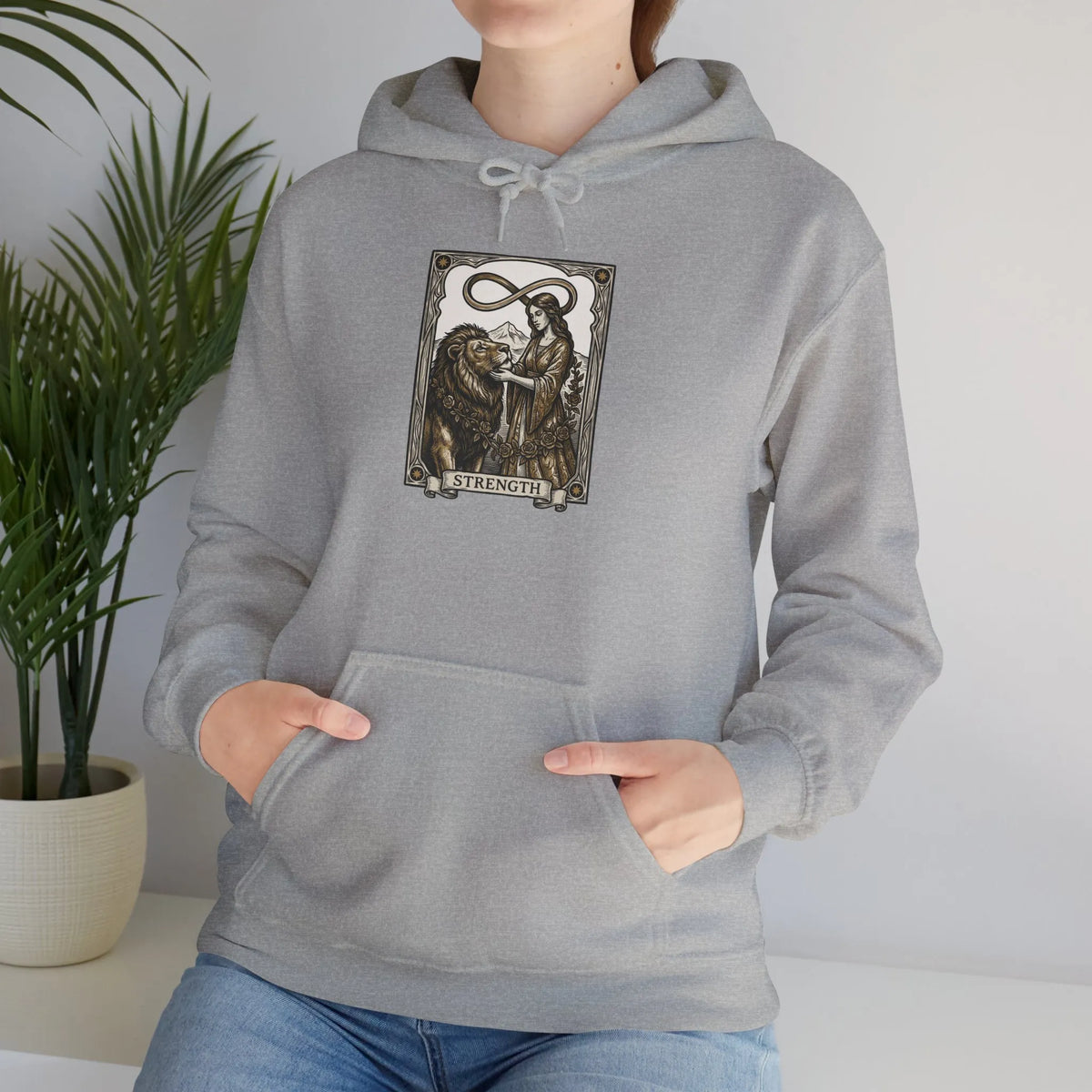 Strength Tarot Card Graphic Hoodie - Heavy Blend Fleece Pullover - Unisex White