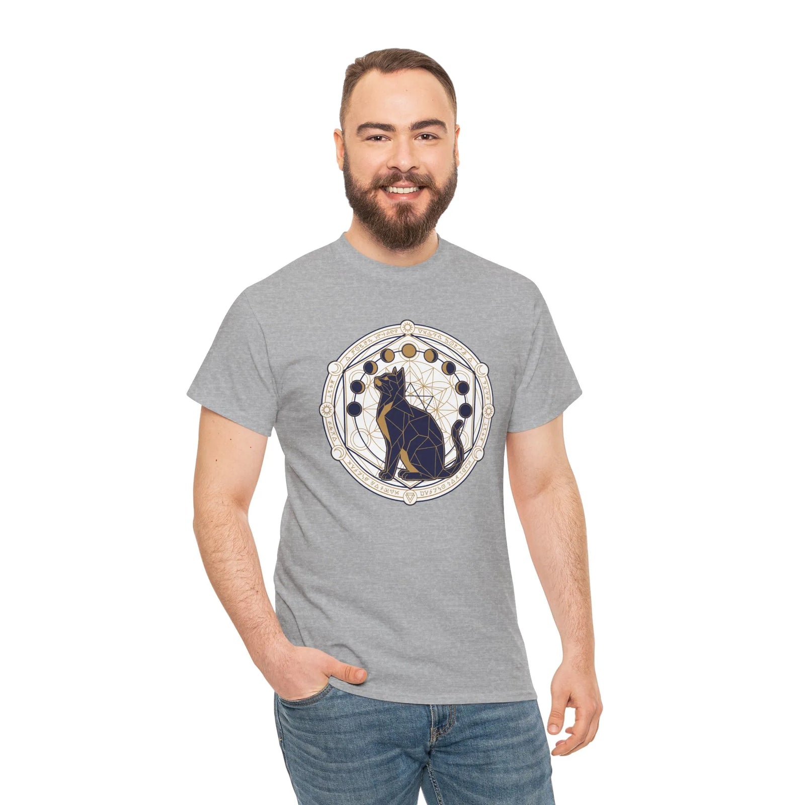 Moon Phases Sacred Geometry Cat Graphic T-Shirt - Heavy Cotton Classic Fit Tee - Unisex White