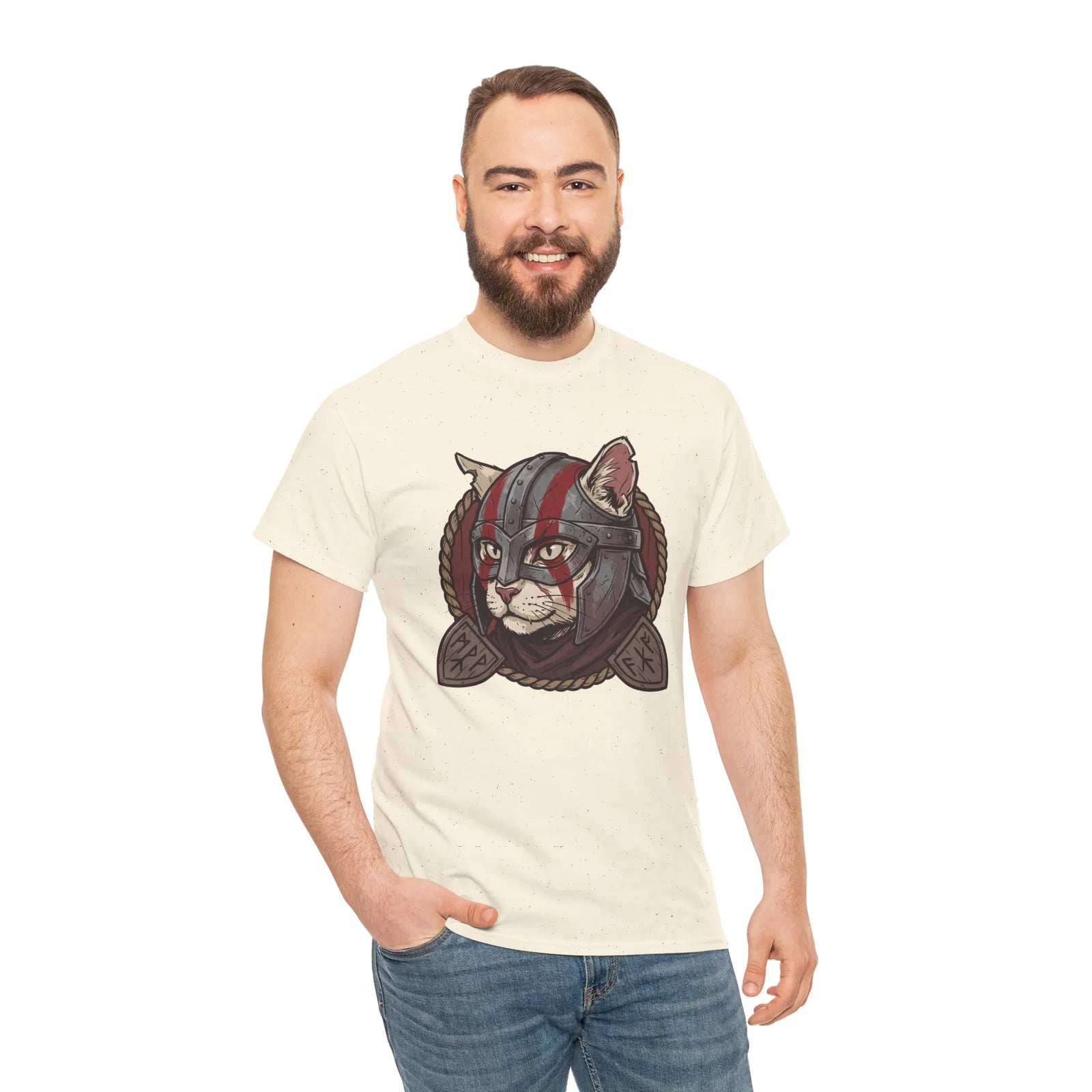 Viking Berserker Cat Graphic T-Shirt - Heavyweight Cotton Classic Fit Tee - Unisex White