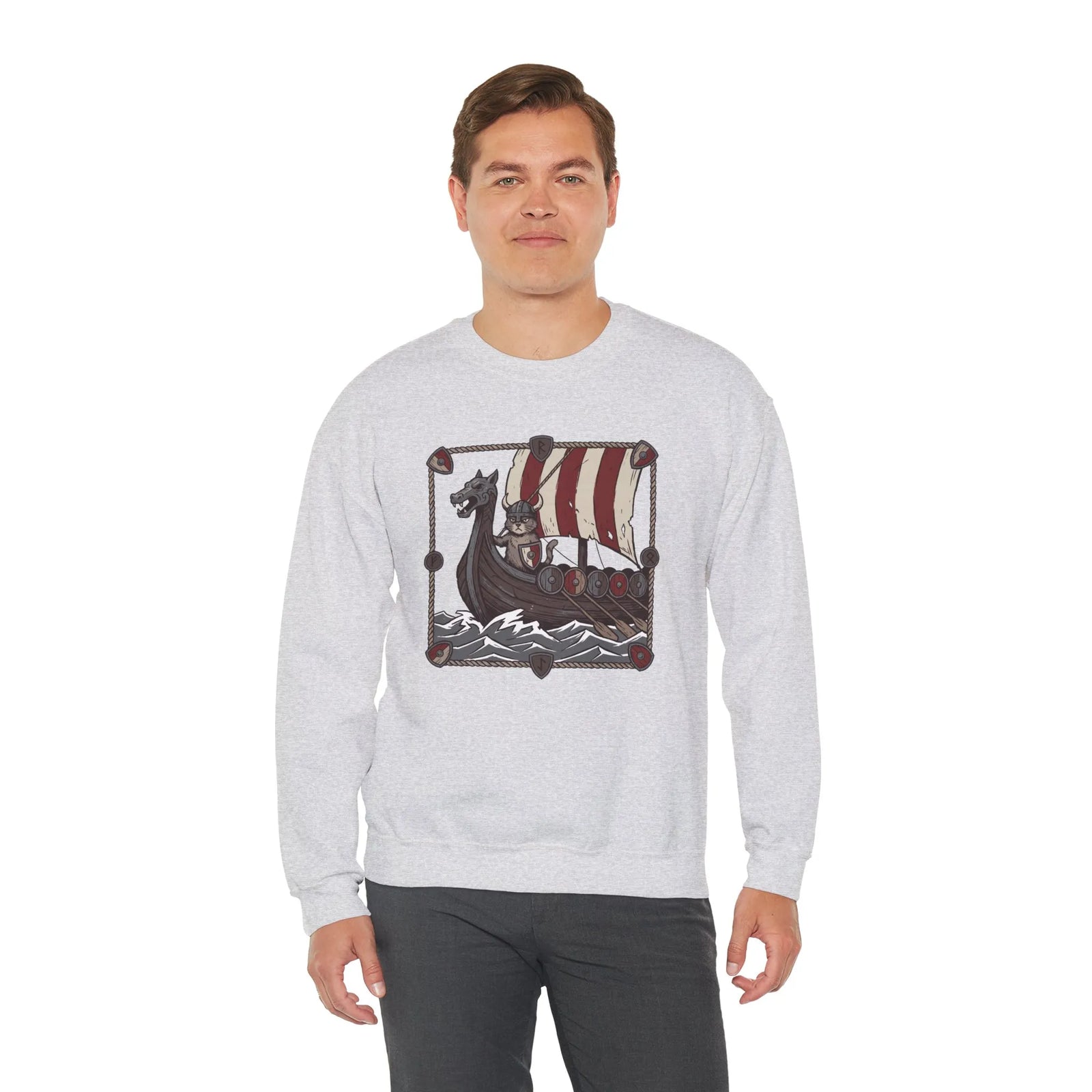Longship Prow Viking Berserker Cats Sweatshirt - Heavyweight Cotton Blend Crewneck - Unisex White