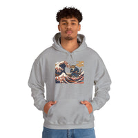 Ronin Wave Samurai Cat Ukiyo-e Hoodie - Heavy Blend Fleece Pullover - Unisex White