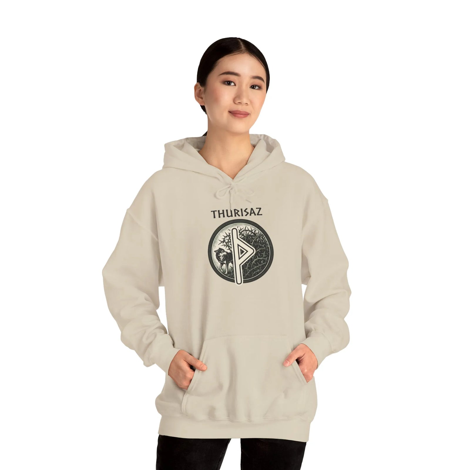 Thurisaz Rune Wolf Graphic Hoodie - Heavy Blend Fleece Pullover - Unisex White