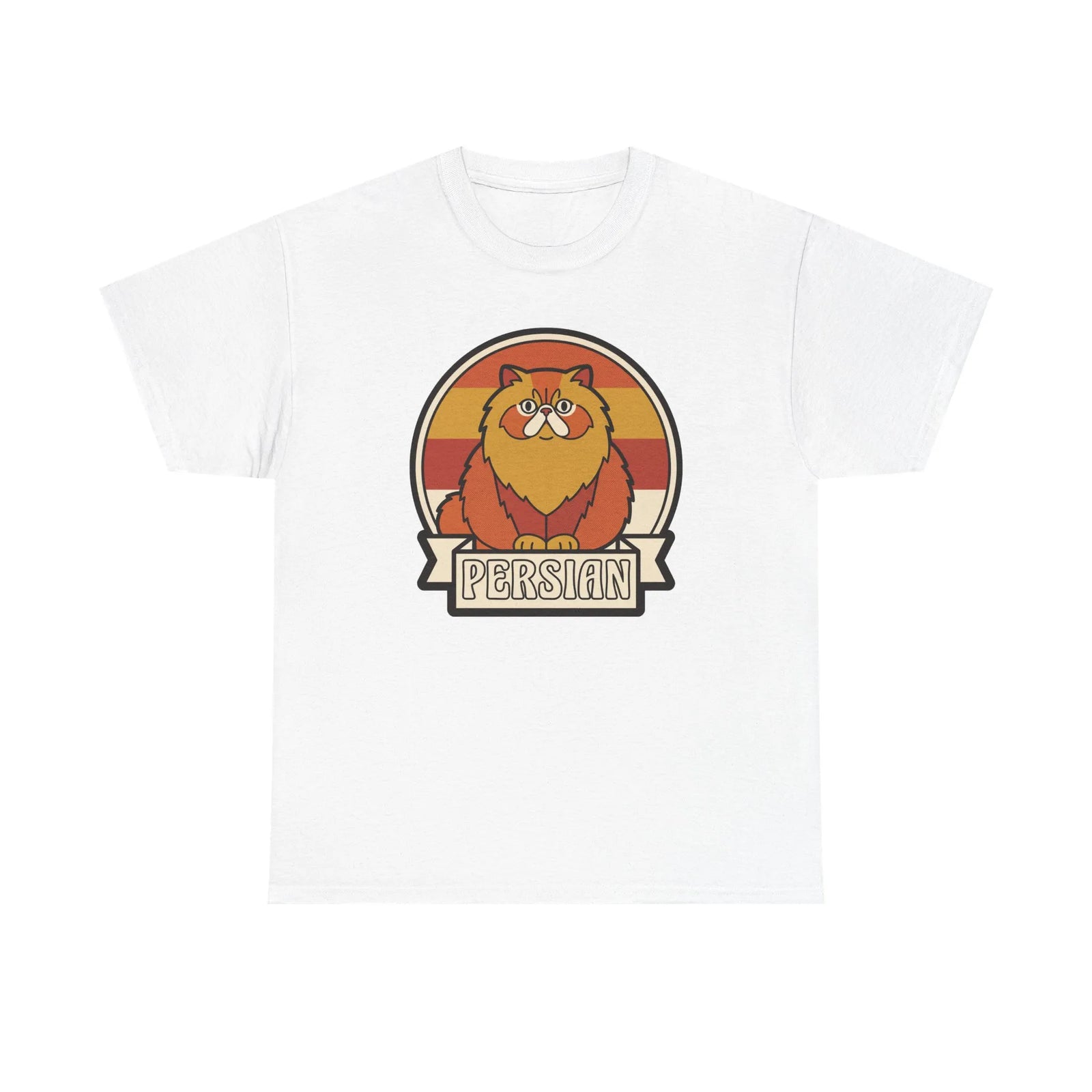 Persian Cat Retro Sunset T-Shirt - Heavy Cotton Classic Fit Tee - Unisex White