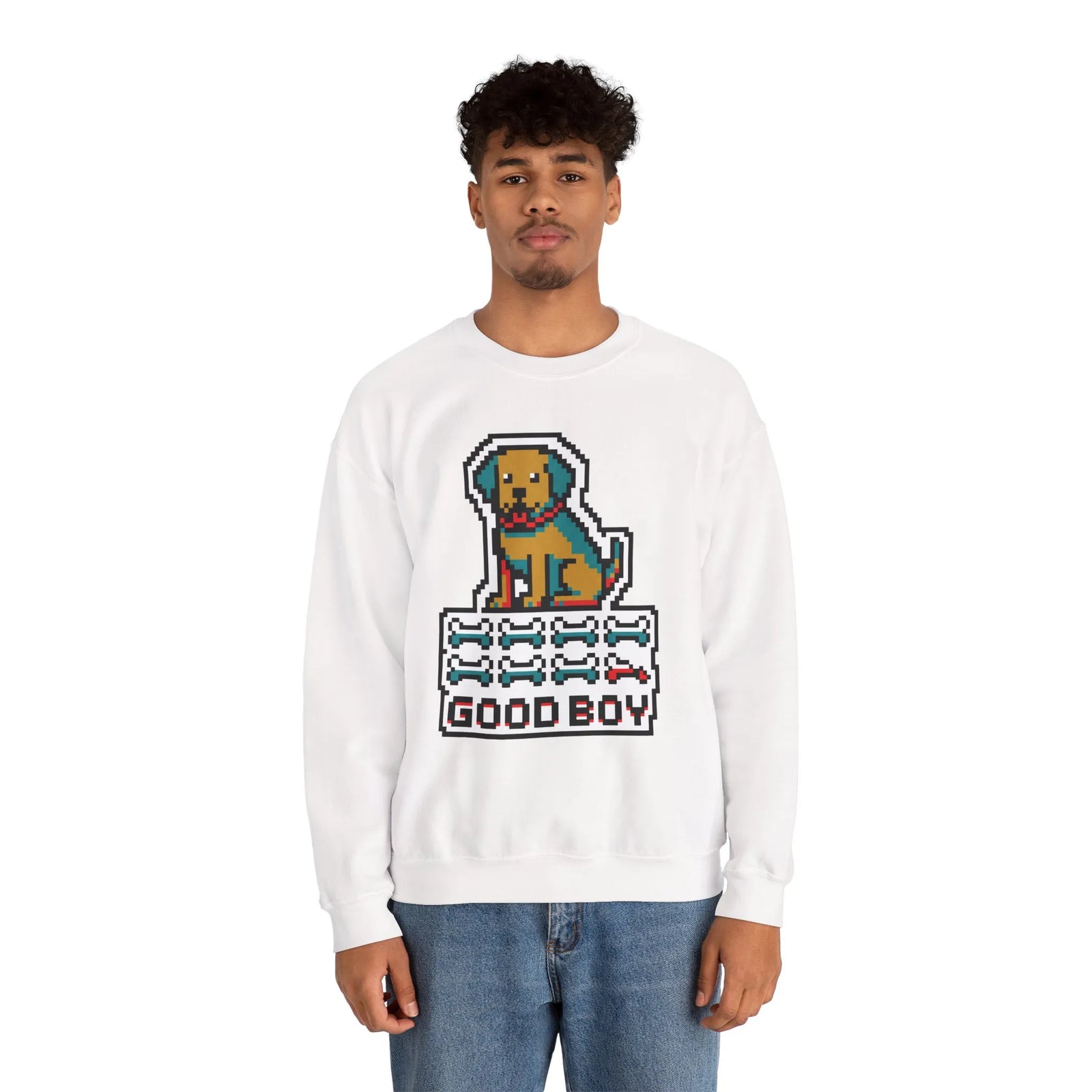 Good Boy 8-Bit Pixel Dogs Sweatshirt - Heavyweight Cotton Blend Crewneck - Unisex White