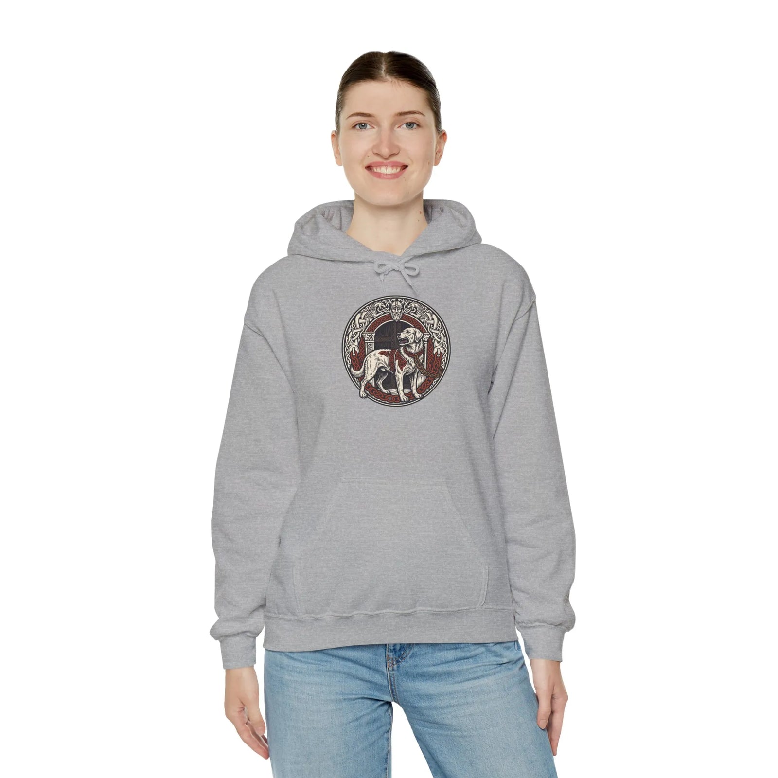 Garmr Odin's Wolves Norse Woodcut Hoodie - Heavy Blend Fleece Pullover - Unisex White