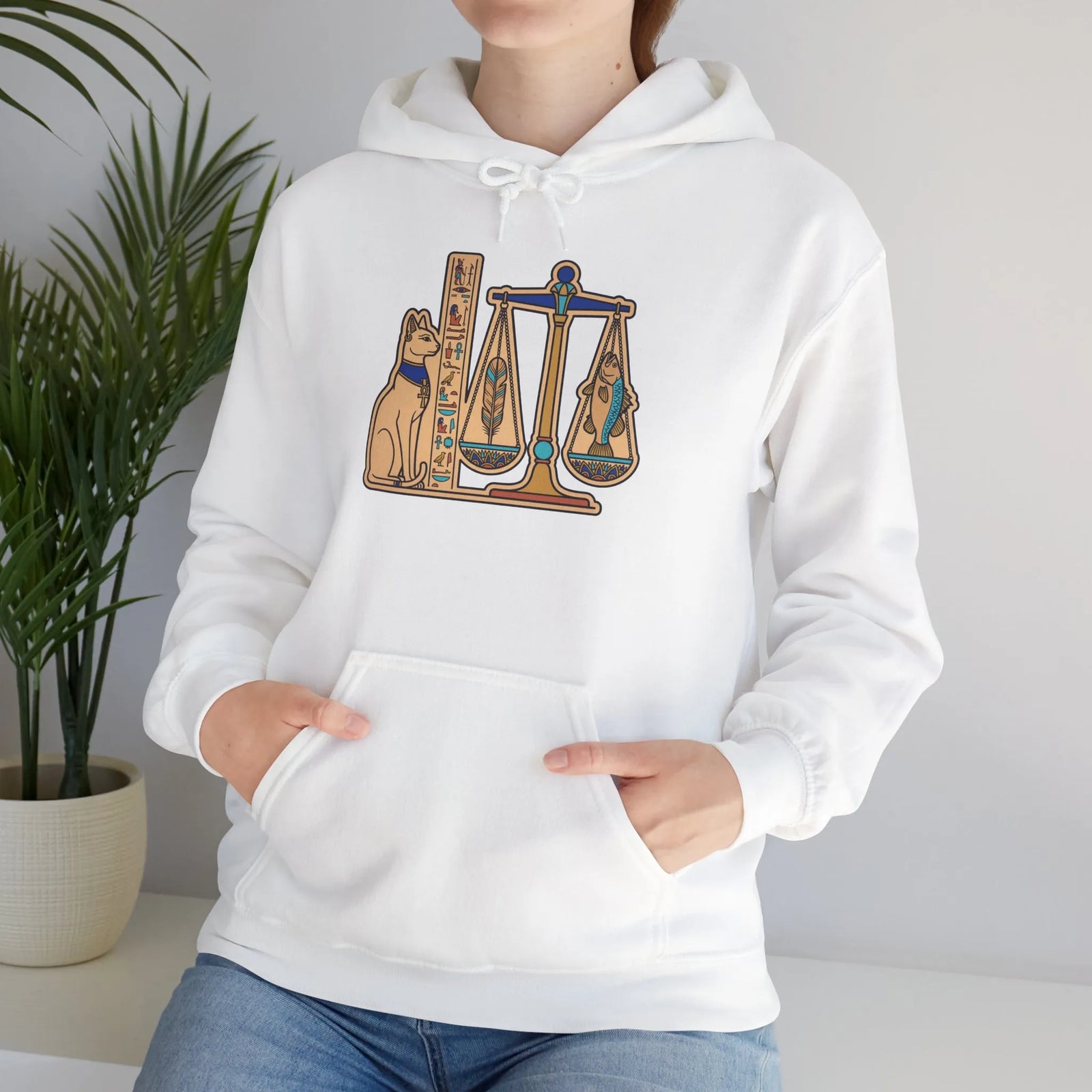 Sphynx Cat Egyptian Scales Hoodie - Heavyweight Cotton Blend Pullover - Unisex White
