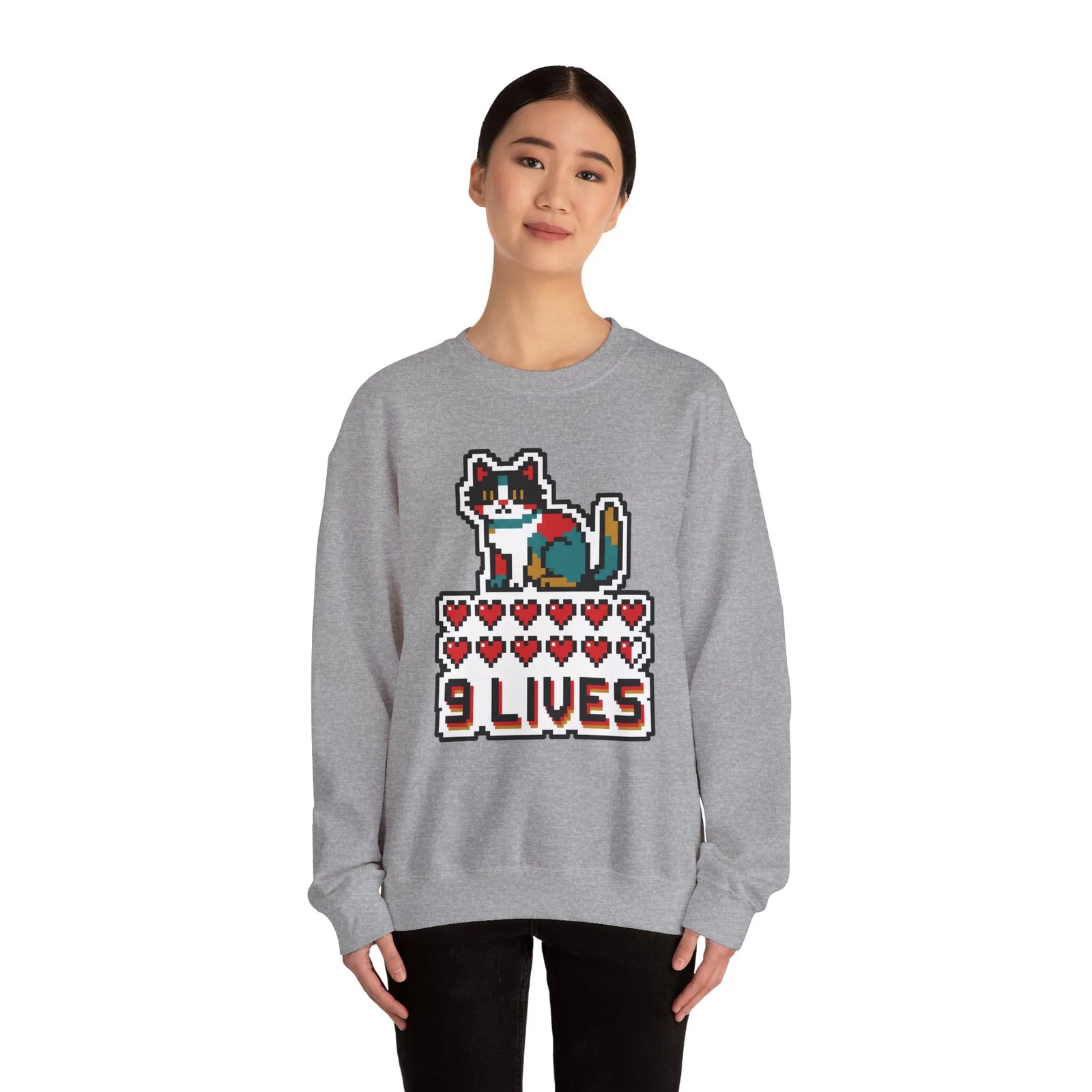 Nine Lives 8-Bit Pixel Gaming Cat Sweatshirt - Heavy Blend Fleece Crewneck - Unisex White