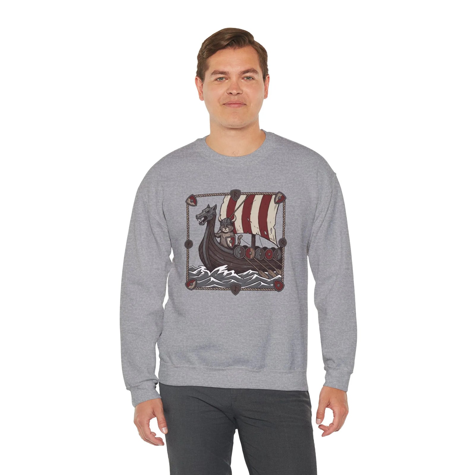 Longship Prow Viking Berserker Cats Sweatshirt - Heavyweight Cotton Blend Crewneck - Unisex White