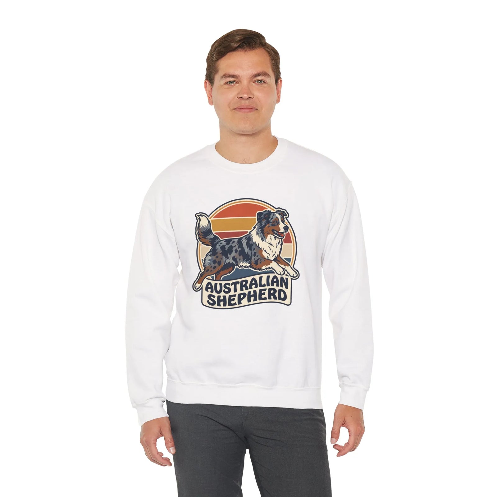 Australian Shepherd Retro 70s Sunset Sweatshirt - Heavy Blend Cotton Poly Crewneck - Unisex White