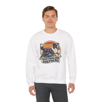 Australian Shepherd Retro 70s Sunset Sweatshirt - Heavy Blend Cotton Poly Crewneck - Unisex White