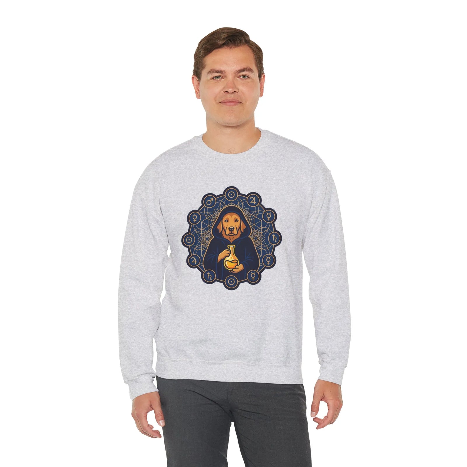 Alchemist Dog Sacred Geometry Spirit Sweatshirt - Heavy Blend Fleece Crewneck - Unisex Ash