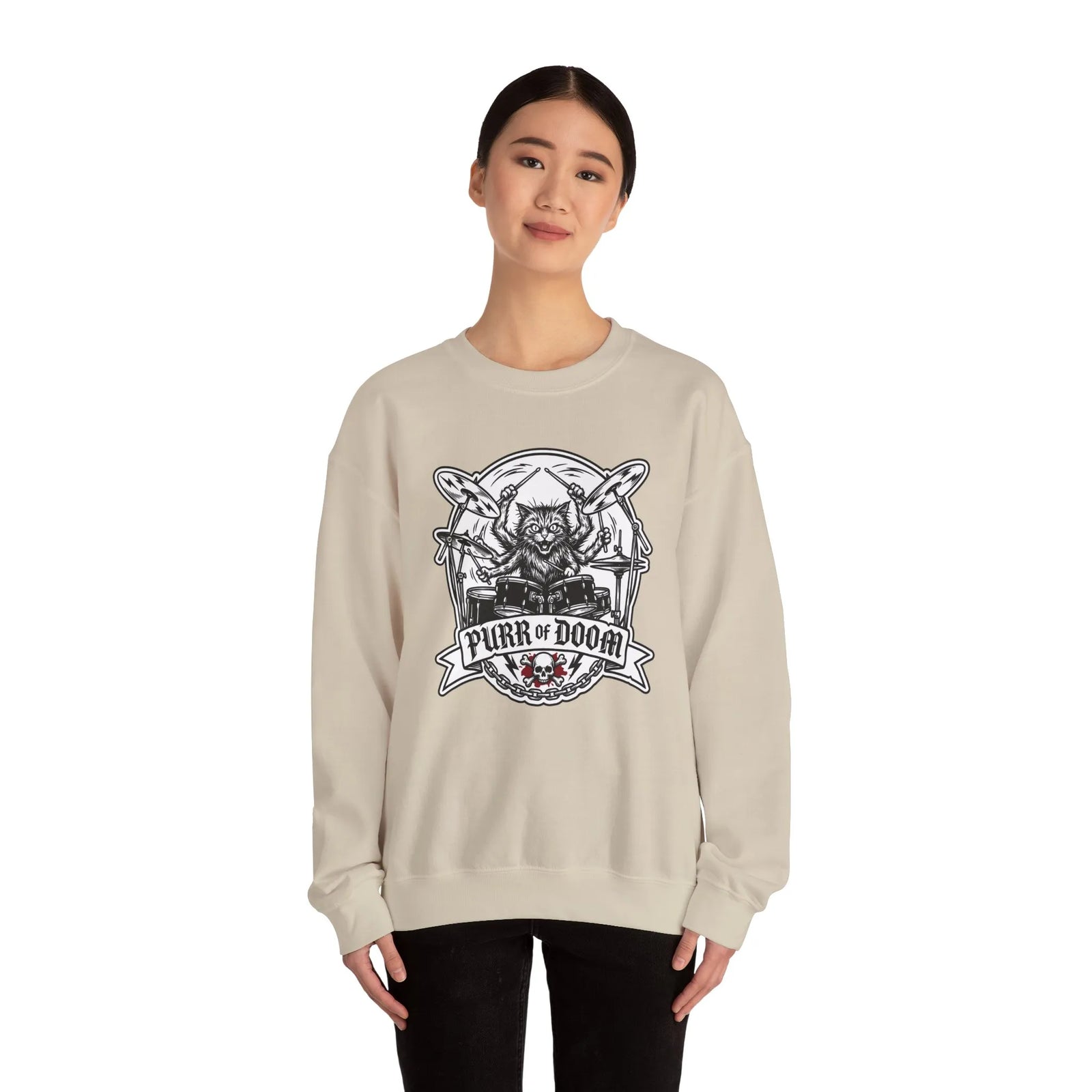 Heavy Metal Rocker Cats Drummer Sweatshirt - Heavy Blend Cotton Blend Crewneck - Unisex White