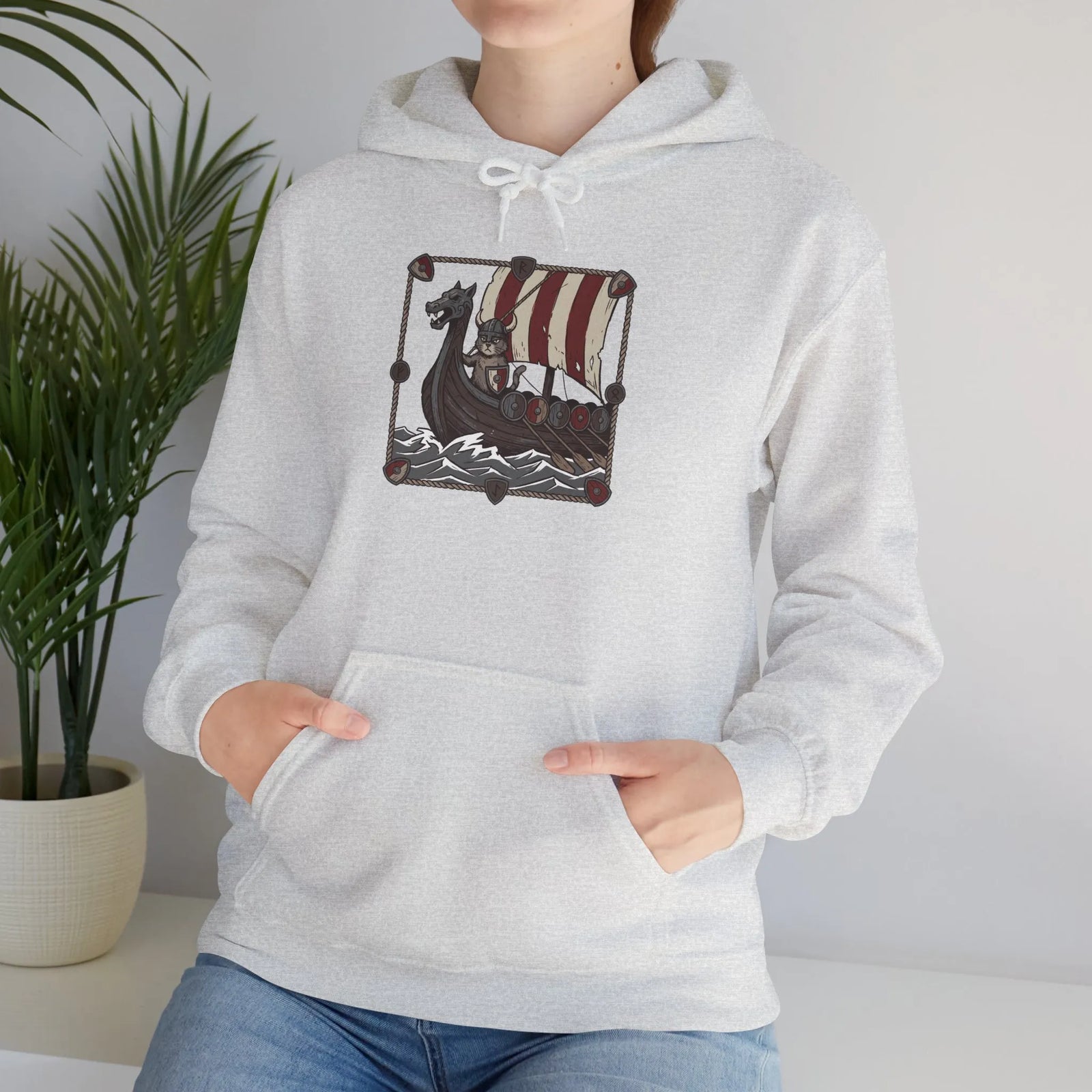 Viking Berserker Cats Longship Hoodie - Warm Cotton-Poly Fleece Pullover - Unisex White
