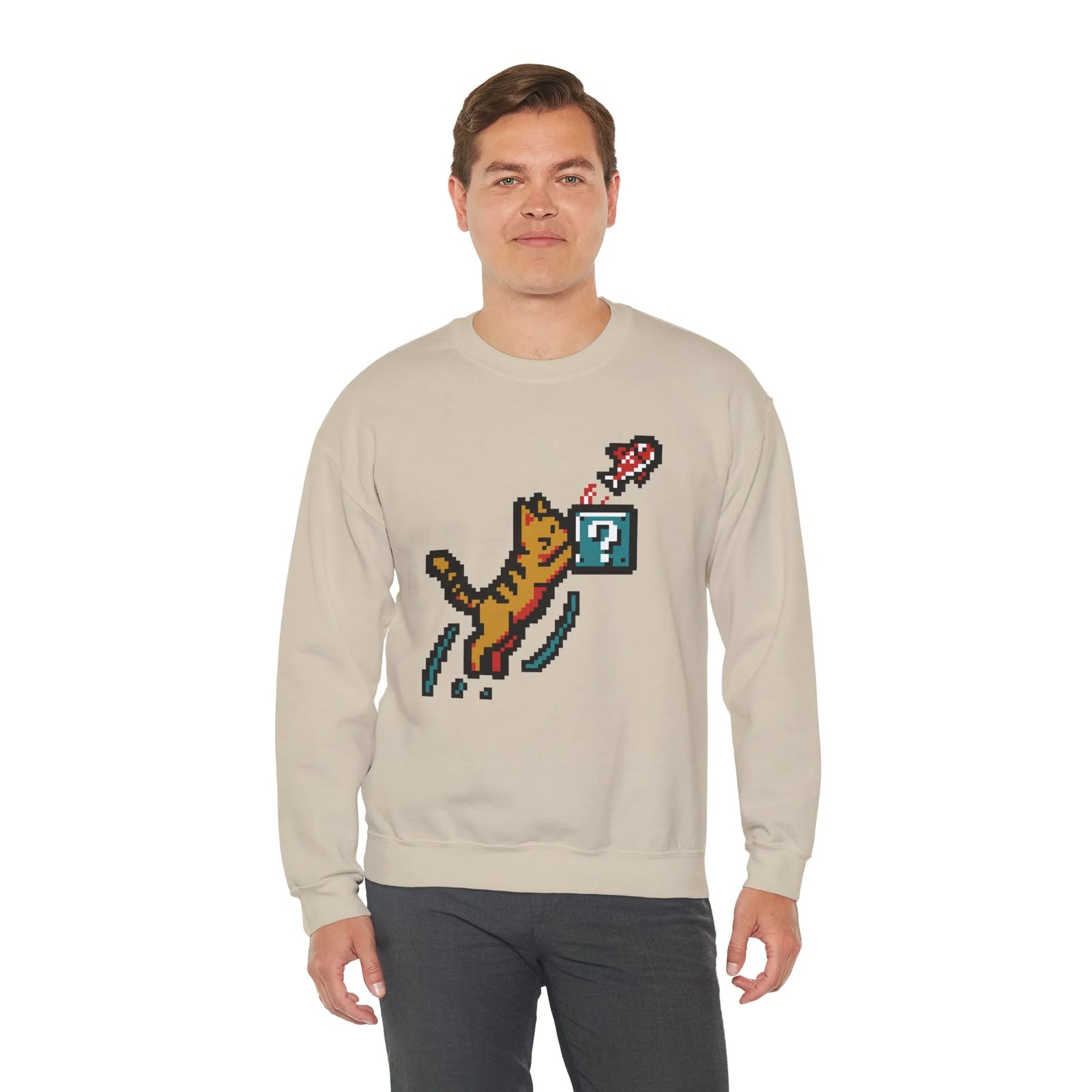 8-Bit Pixel Gaming Cats Sweatshirt - Heavy Blend Fleece Crewneck - Unisex White