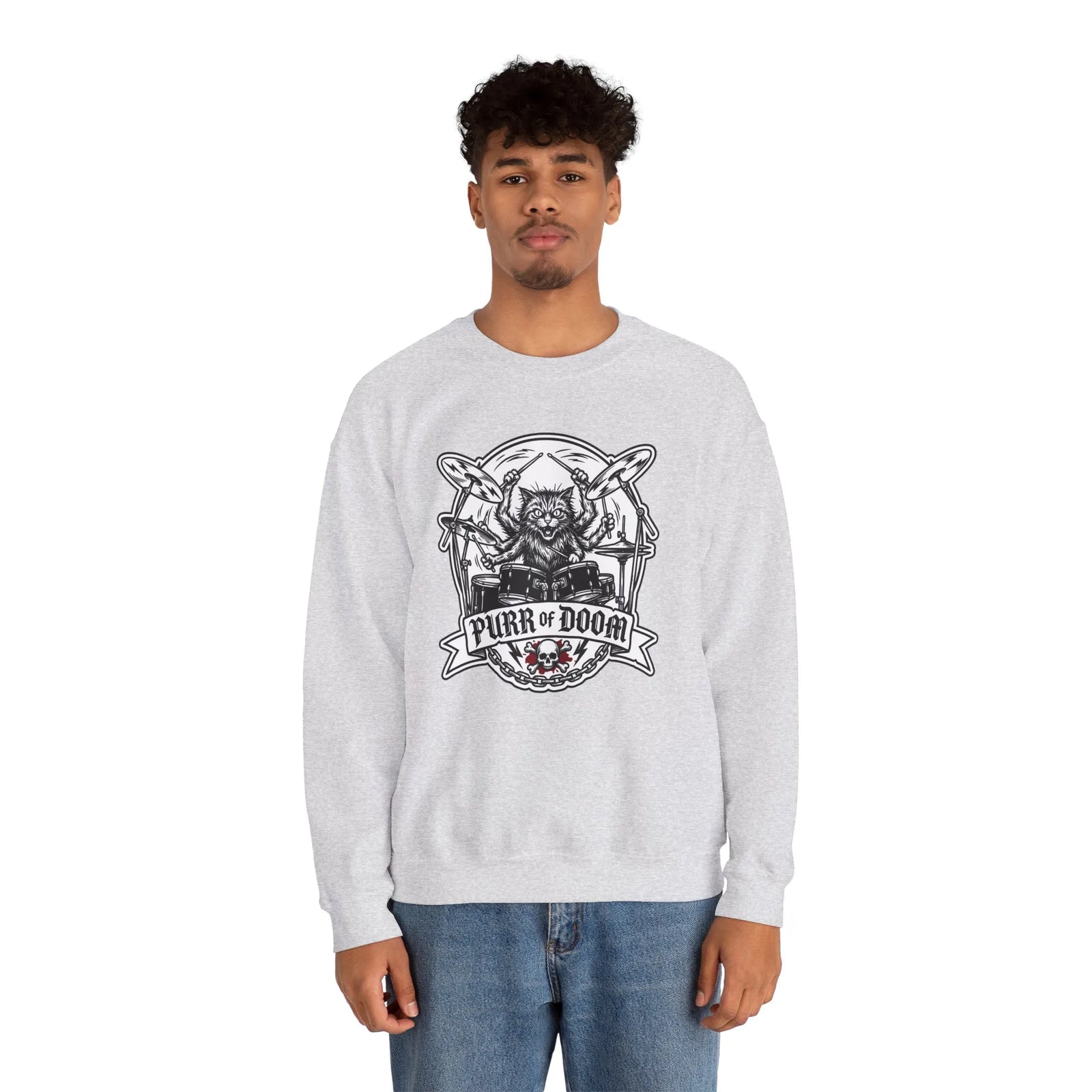 Heavy Metal Rocker Cats Drummer Sweatshirt - Heavy Blend Cotton Blend Crewneck - Unisex White
