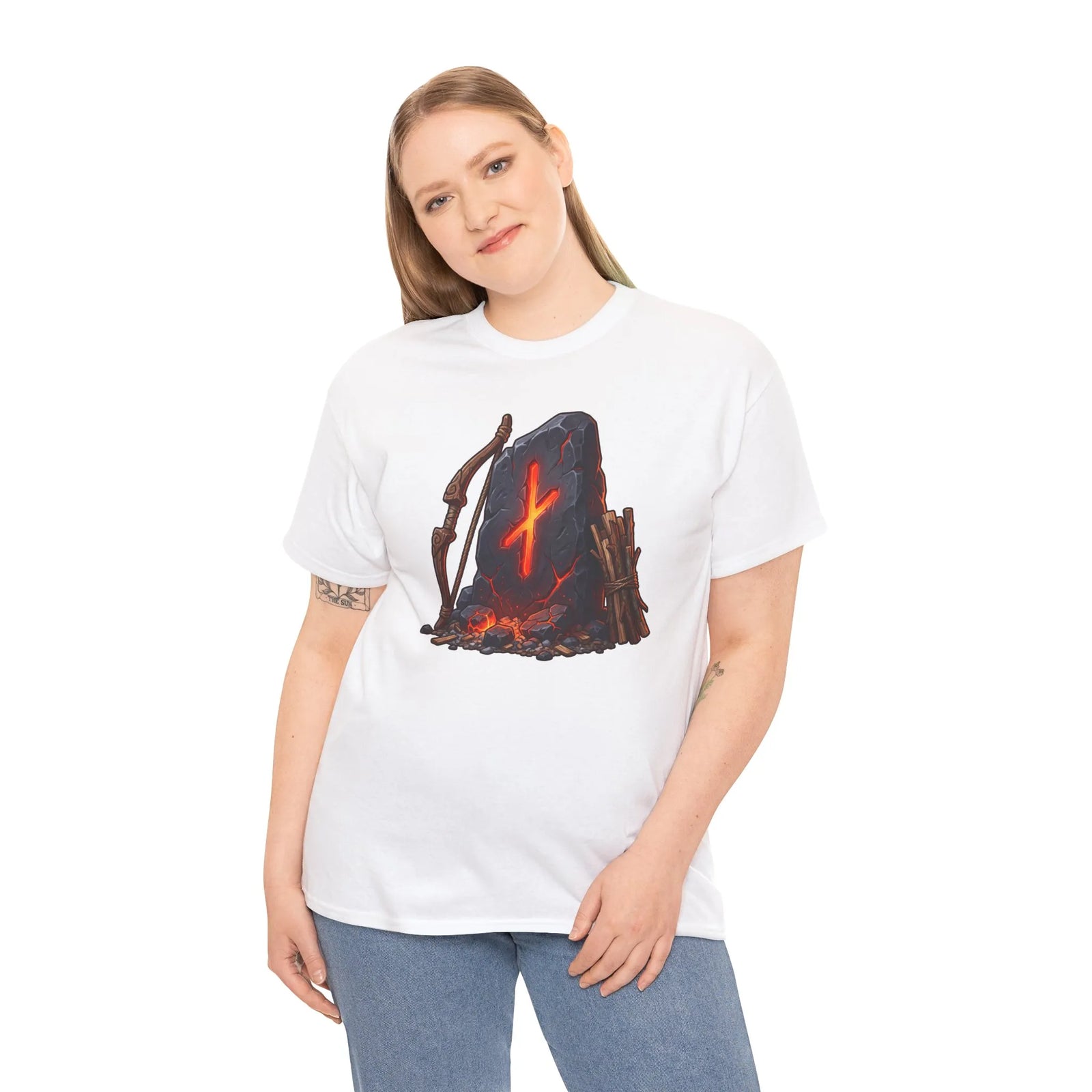 Nauthiz Rune Need-Fire Graphic T-Shirt - Heavyweight 100% Cotton Classic Fit - Unisex White