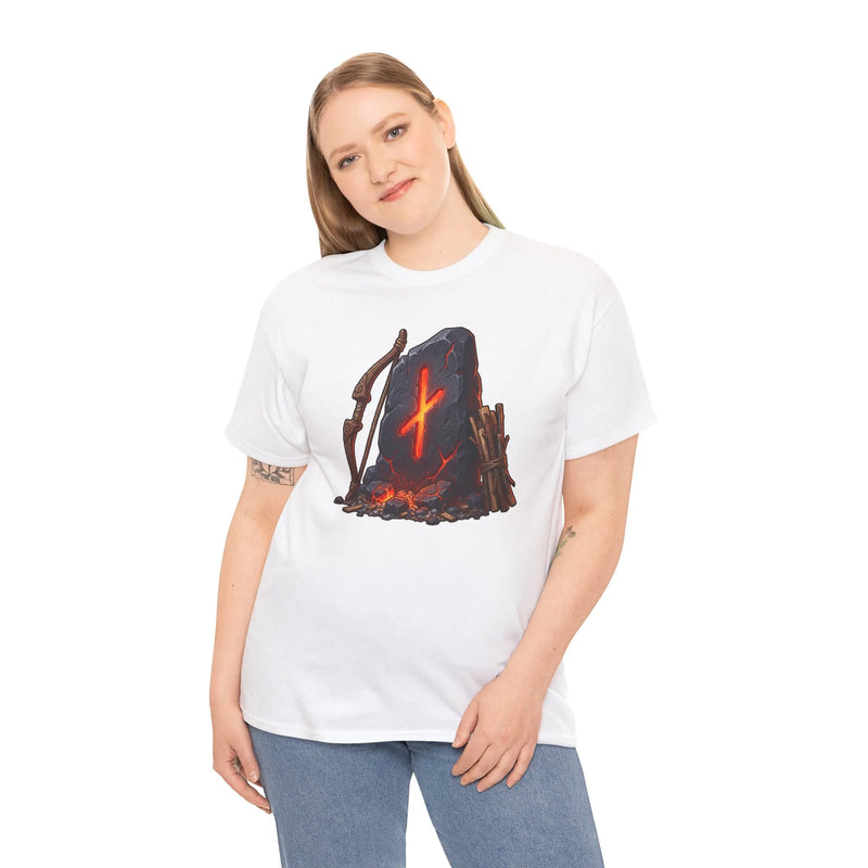 Nauthiz Rune Need-Fire Graphic T-Shirt - Heavyweight 100% Cotton Classic Fit - Unisex White