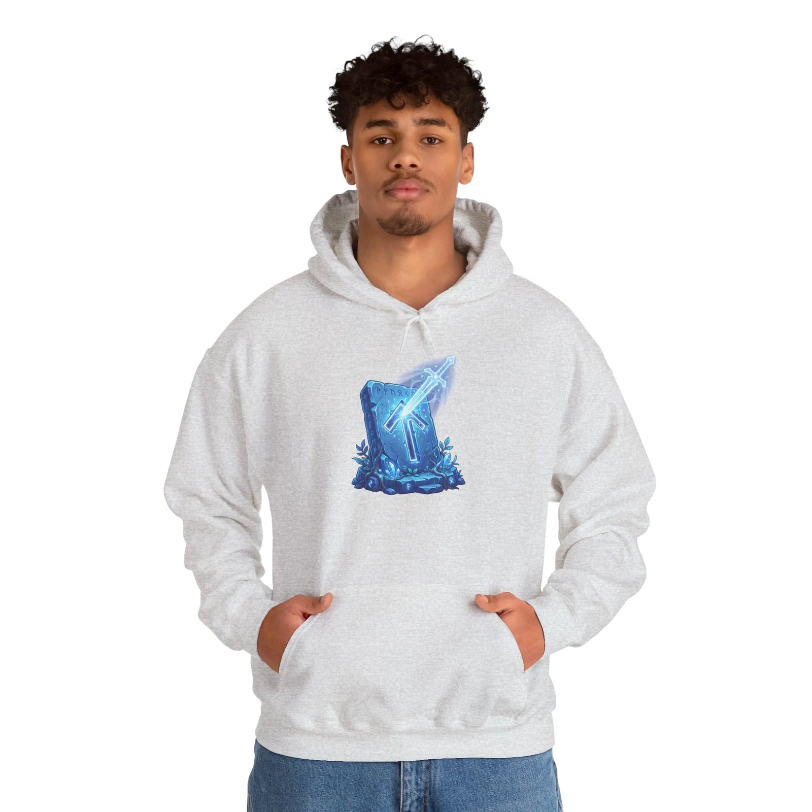 Tiwaz Tyr Sword Graphic Hoodie - Classic Fit Pouch Pocket Fleece - Unisex White