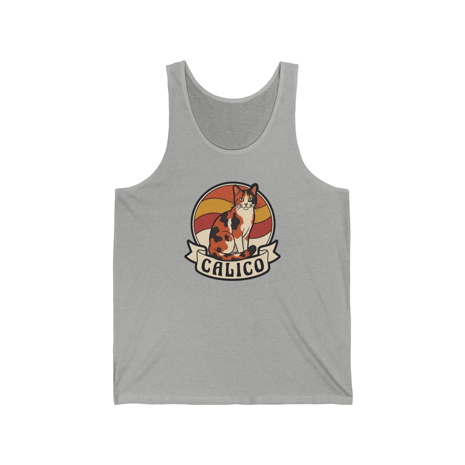 Calico Cat Retro Sunset Tank Top - Lightweight Cotton Jersey Retail Fit - Unisex White