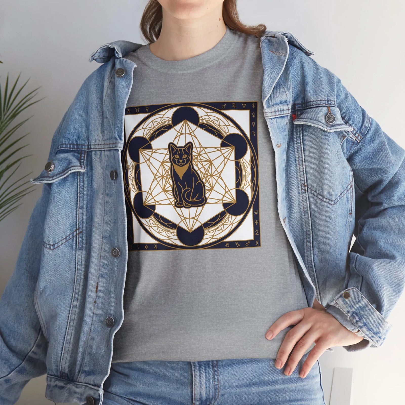 Metatron's Cat Sacred Geometry T-Shirt - Heavyweight Cotton Classic Fit Tee - Unisex White