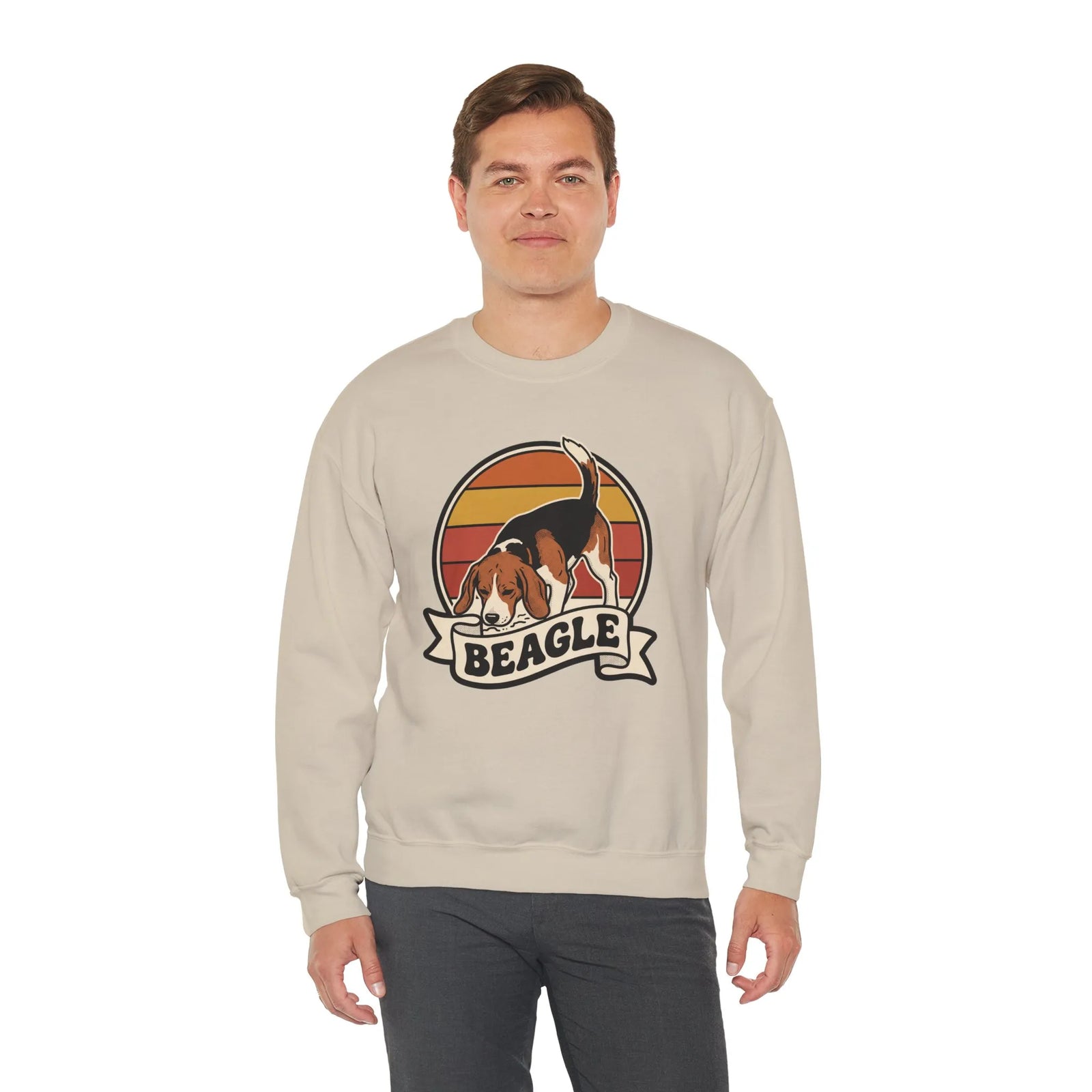 Beagle Retro 70s Sunset Graphic Sweatshirt - Heavy Blend Cotton Polyester Crewneck - Unisex White