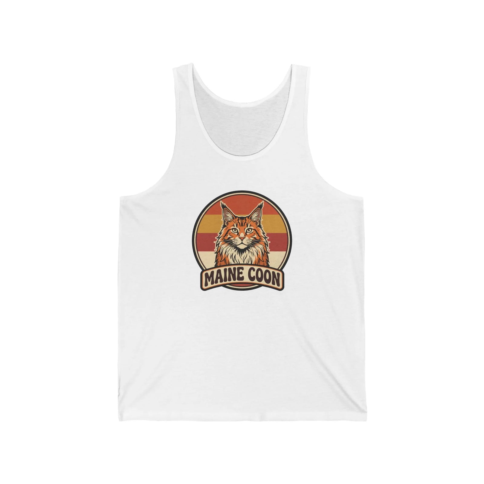 Maine Coon Cat Retro 70s Sunset Tank Top - Lightweight Ringspun Cotton Jersey - Unisex White