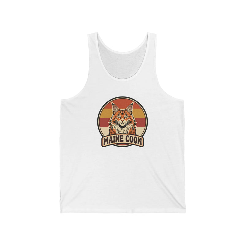 Maine Coon Cat Retro 70s Sunset Tank Top - Lightweight Ringspun Cotton Jersey - Unisex White