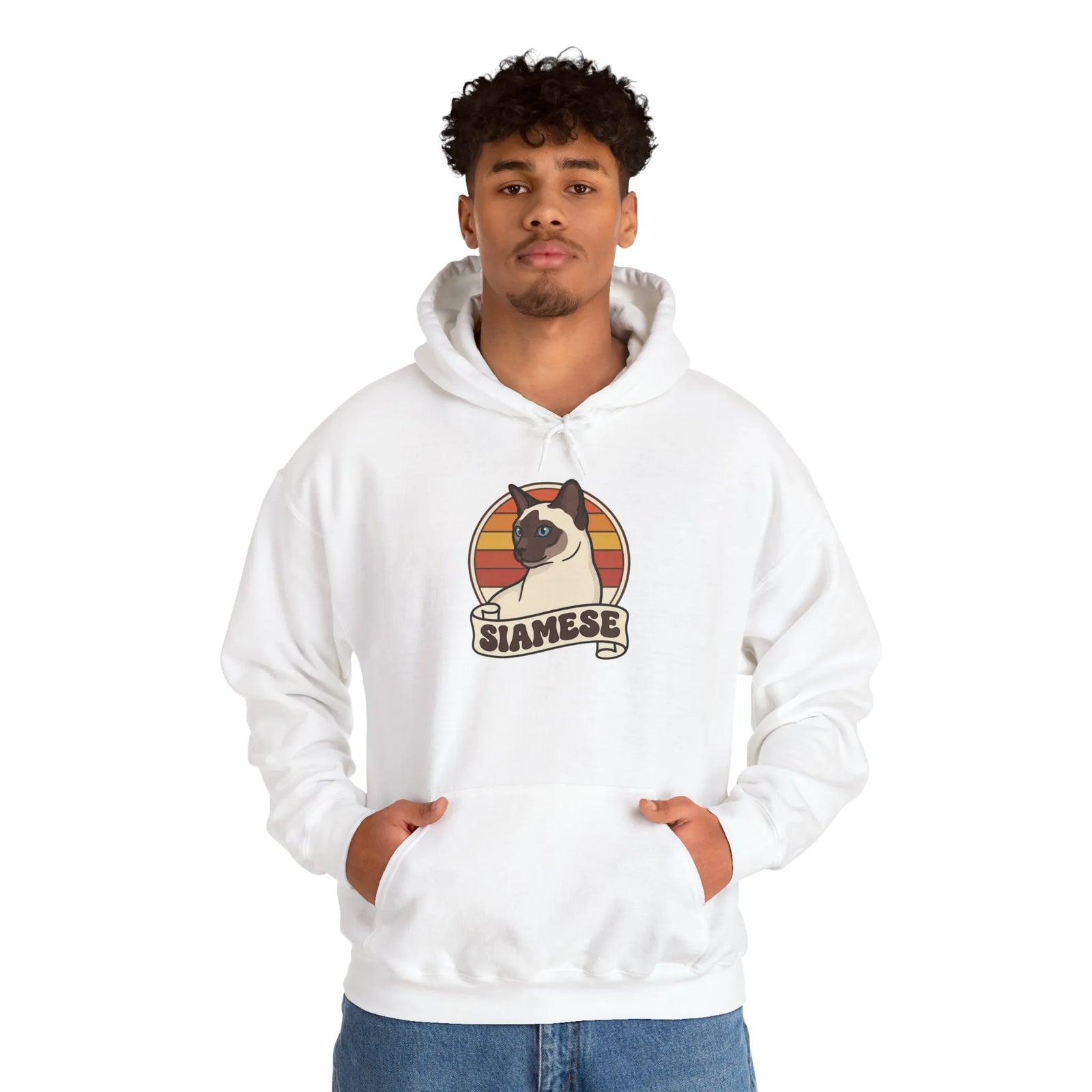 Siamese Cat Retro 70s Sunset Graphic Hoodie - Cozy Cotton Poly Blend Pullover - Unisex White